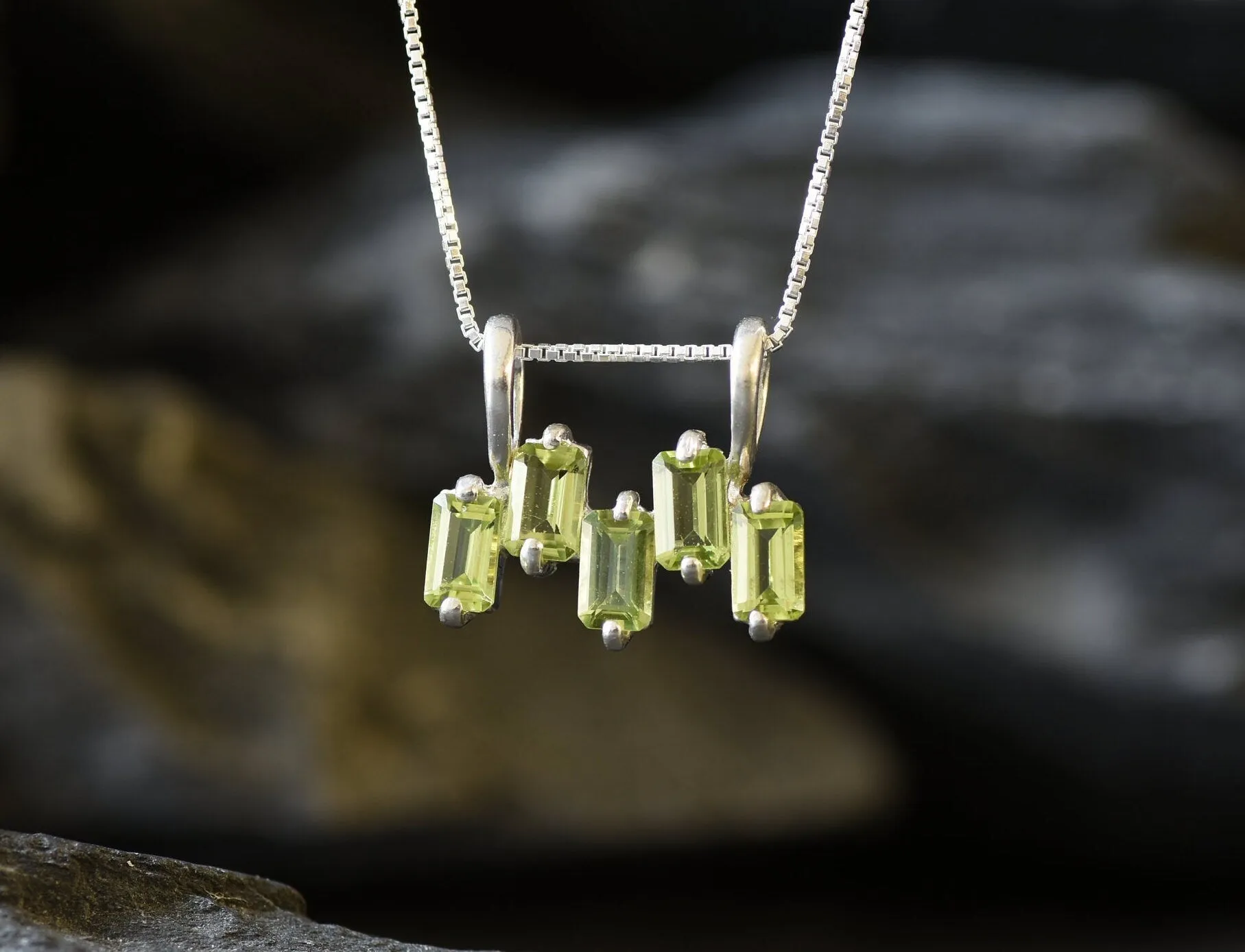Peridot Necklace - Green Baguette Pendant - August Birthstone Necklace