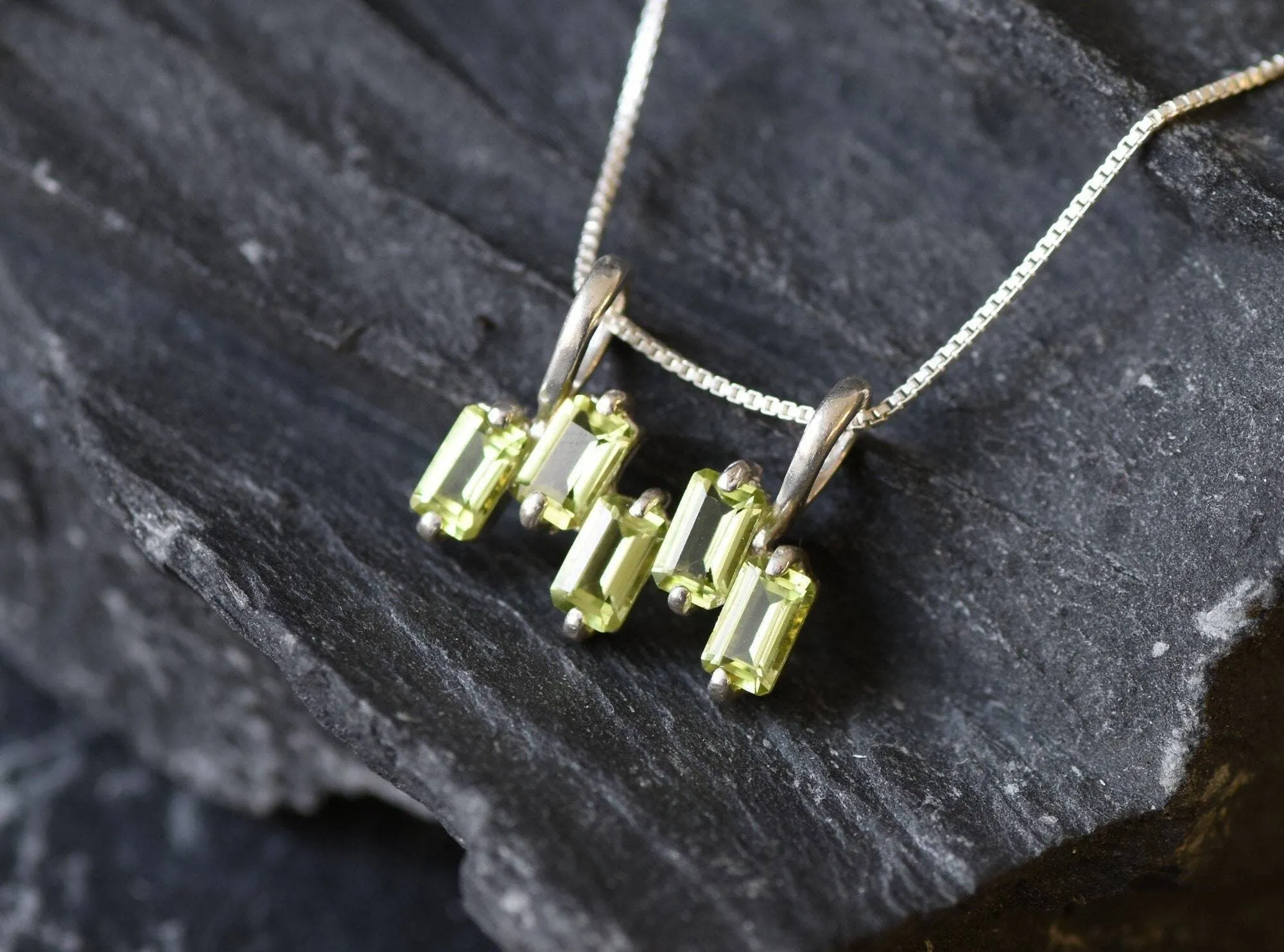 Peridot Necklace - Green Baguette Pendant - August Birthstone Necklace