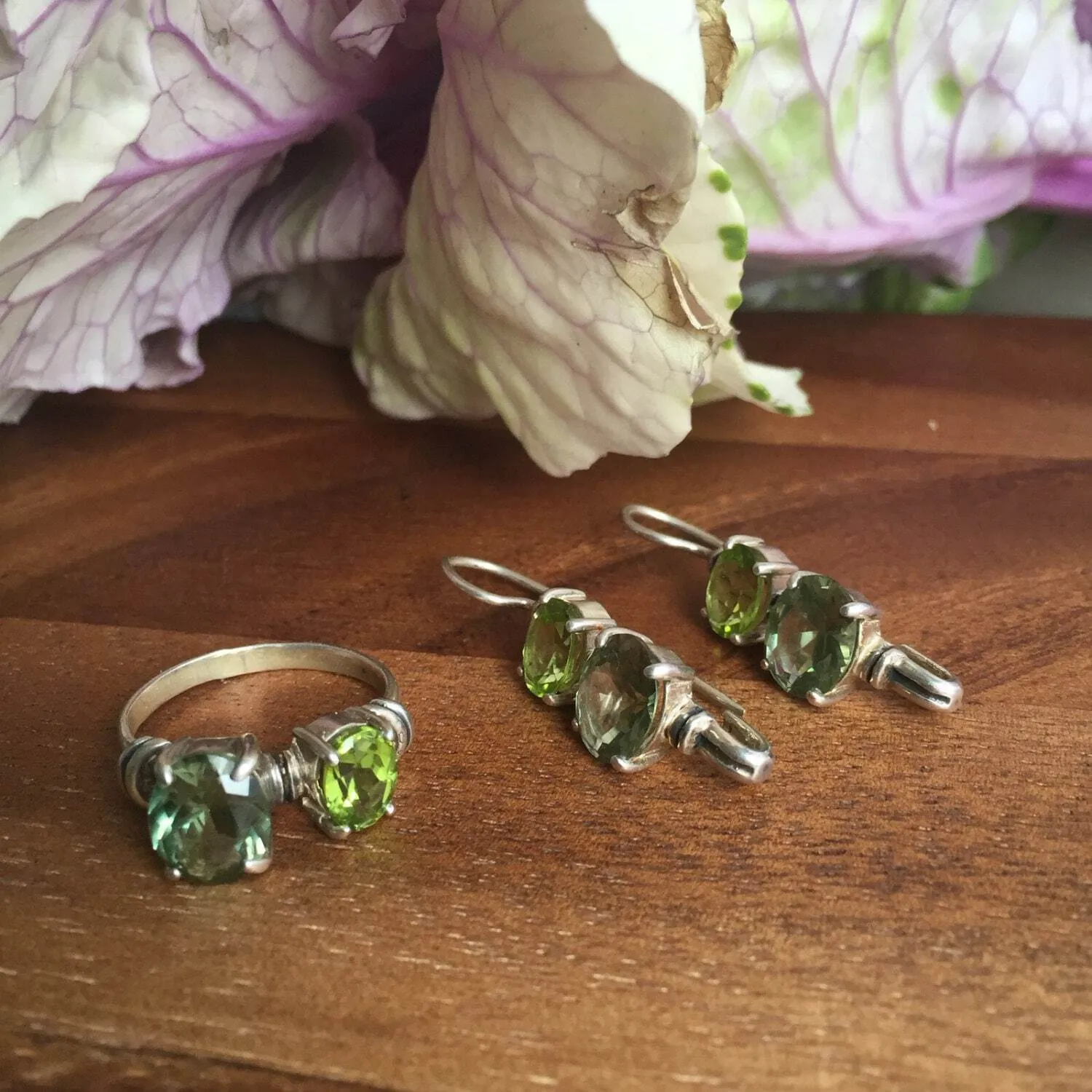 Peridot Ring - Green Diamond Ring - Vintage Two Stone Ring