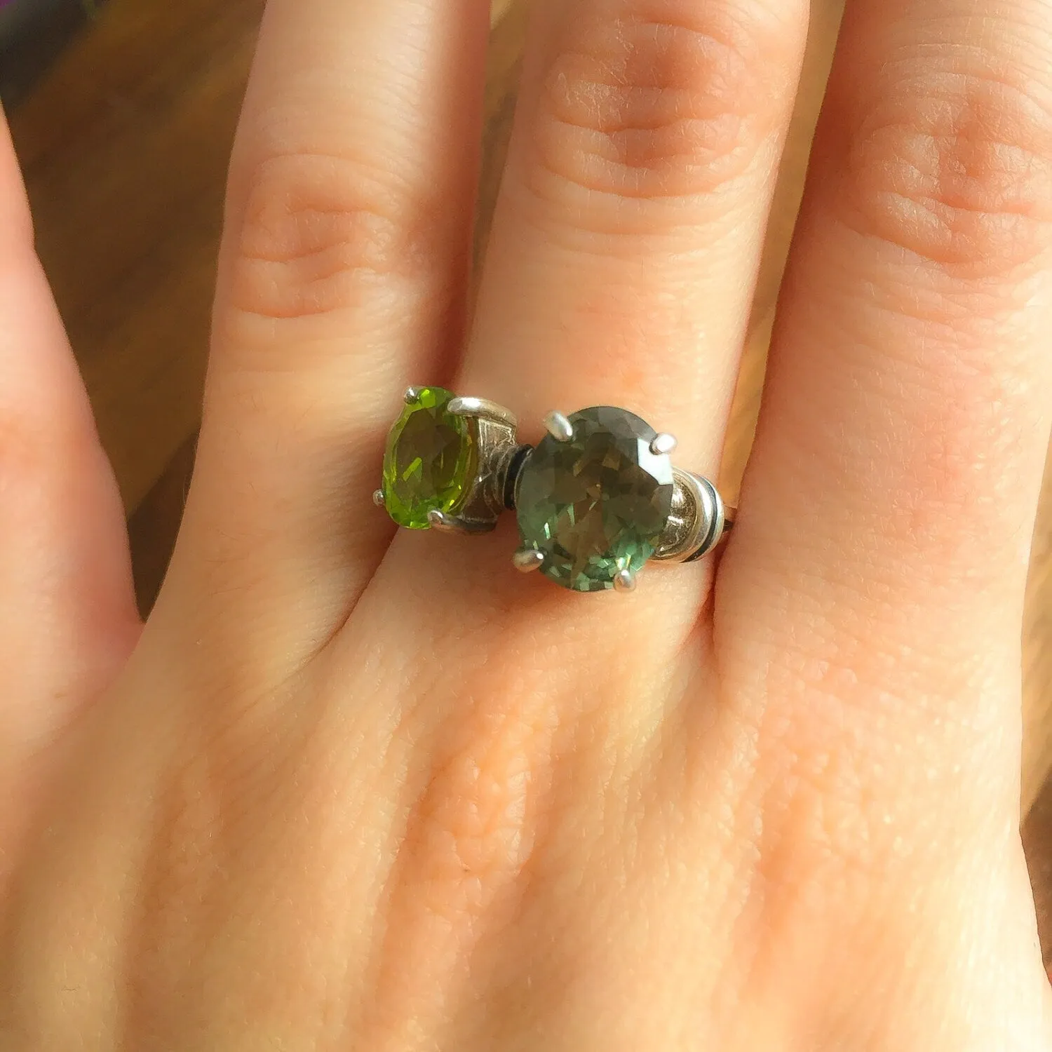 Peridot Ring - Green Diamond Ring - Vintage Two Stone Ring