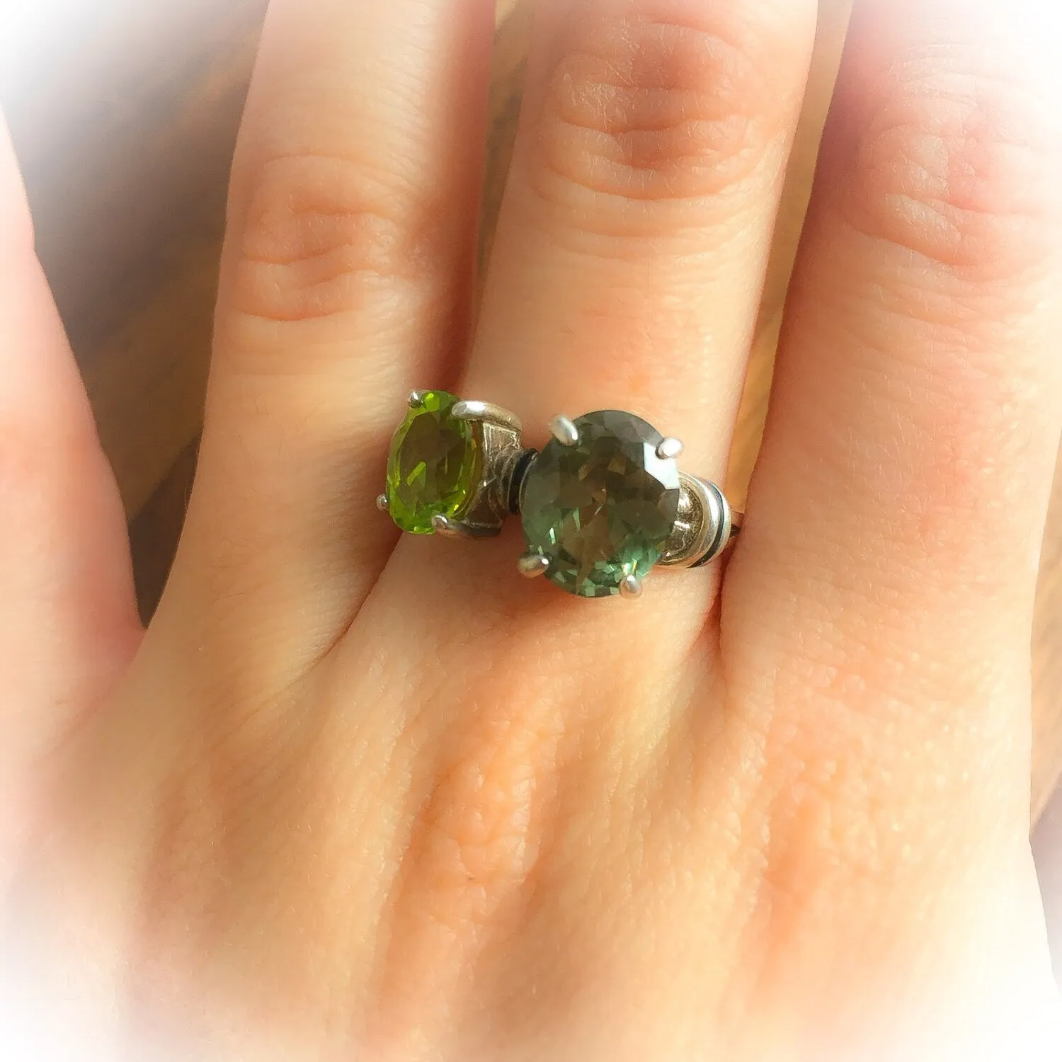 Peridot Ring - Green Diamond Ring - Vintage Two Stone Ring