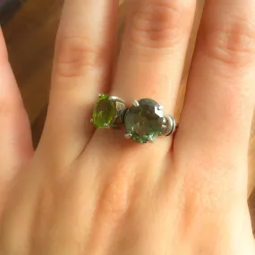Peridot Ring - Green Diamond Ring - Vintage Two Stone Ring
