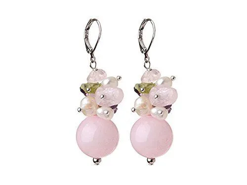 Pink Tone Romantic Floral Natural Stone Fresh Water Pearl Mixed Earrings