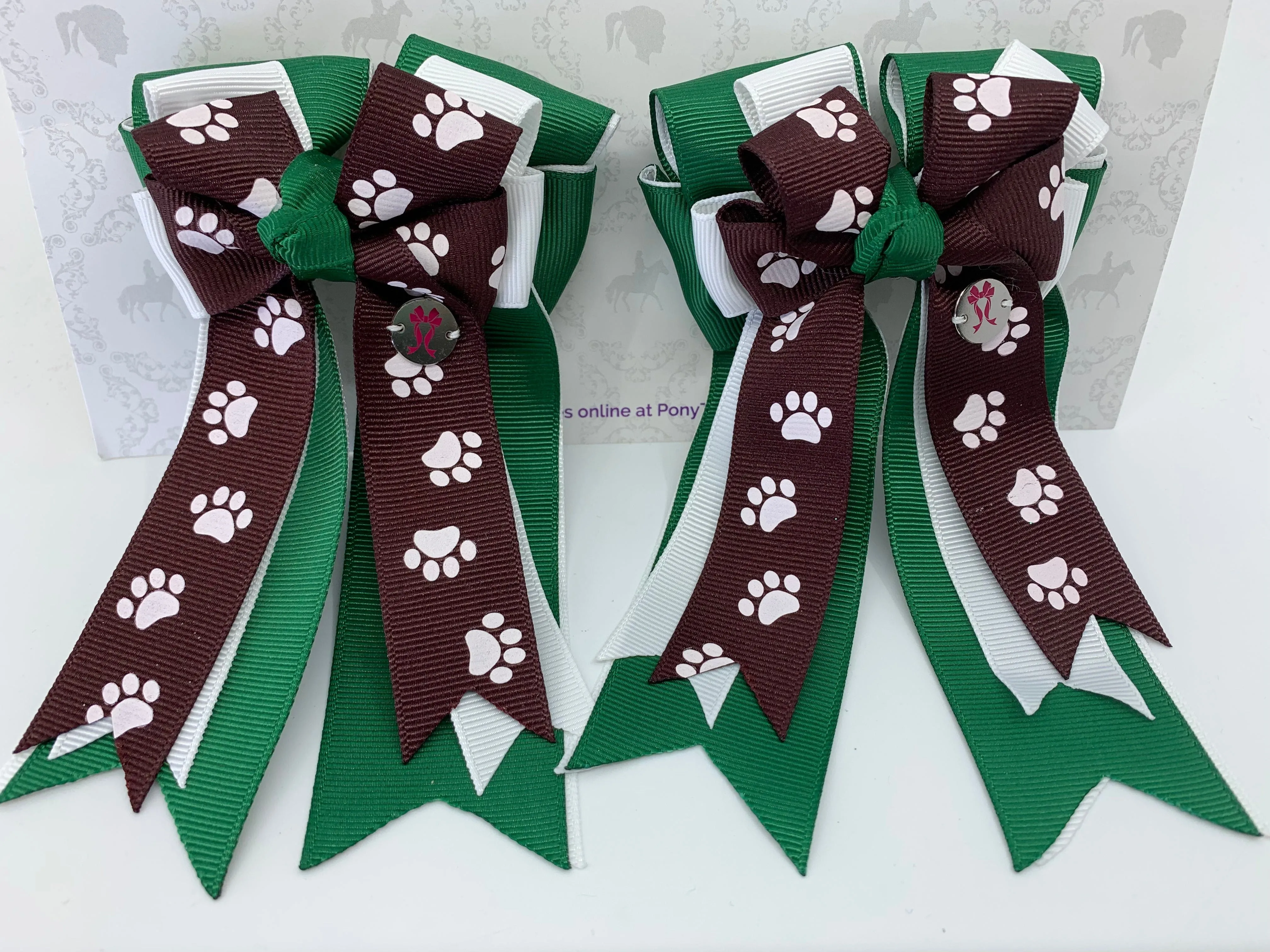 PonyTail Bows- Burgundy/Green Paws