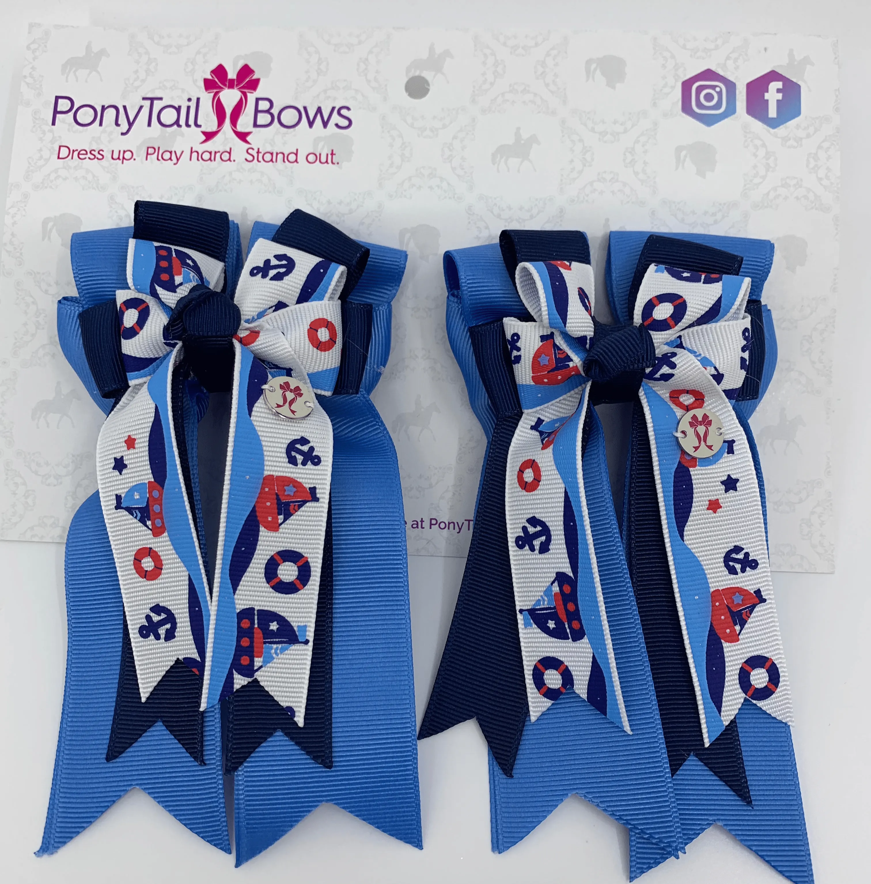 PonyTail Bows- Light Blue Sailboats