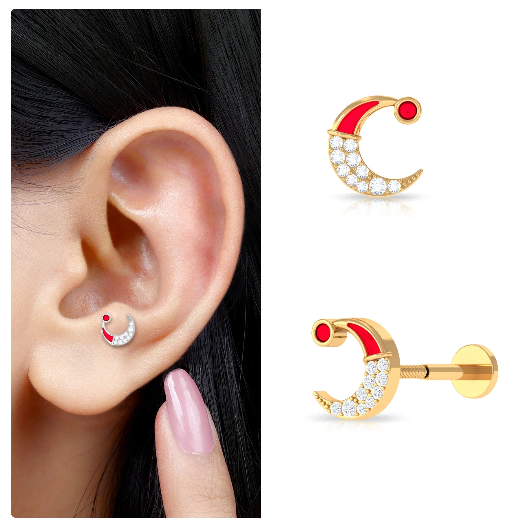 Real Diamond Red Enamel Xmas Crescent Moon Conch Earring