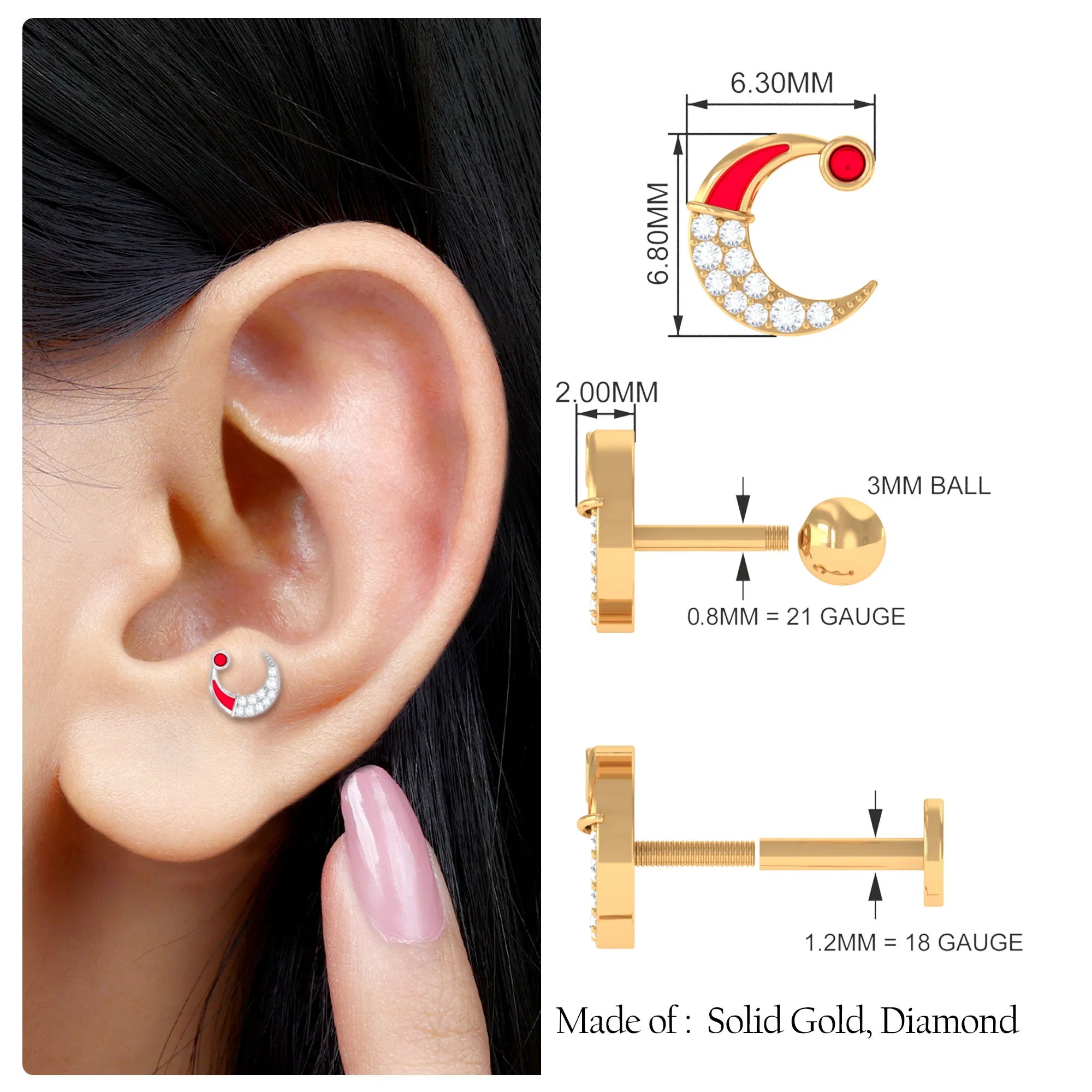 Real Diamond Red Enamel Xmas Crescent Moon Conch Earring