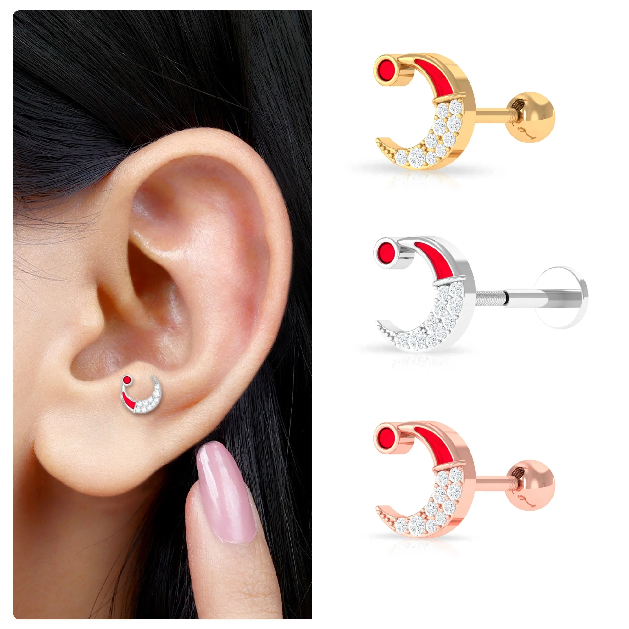 Real Diamond Red Enamel Xmas Crescent Moon Conch Earring