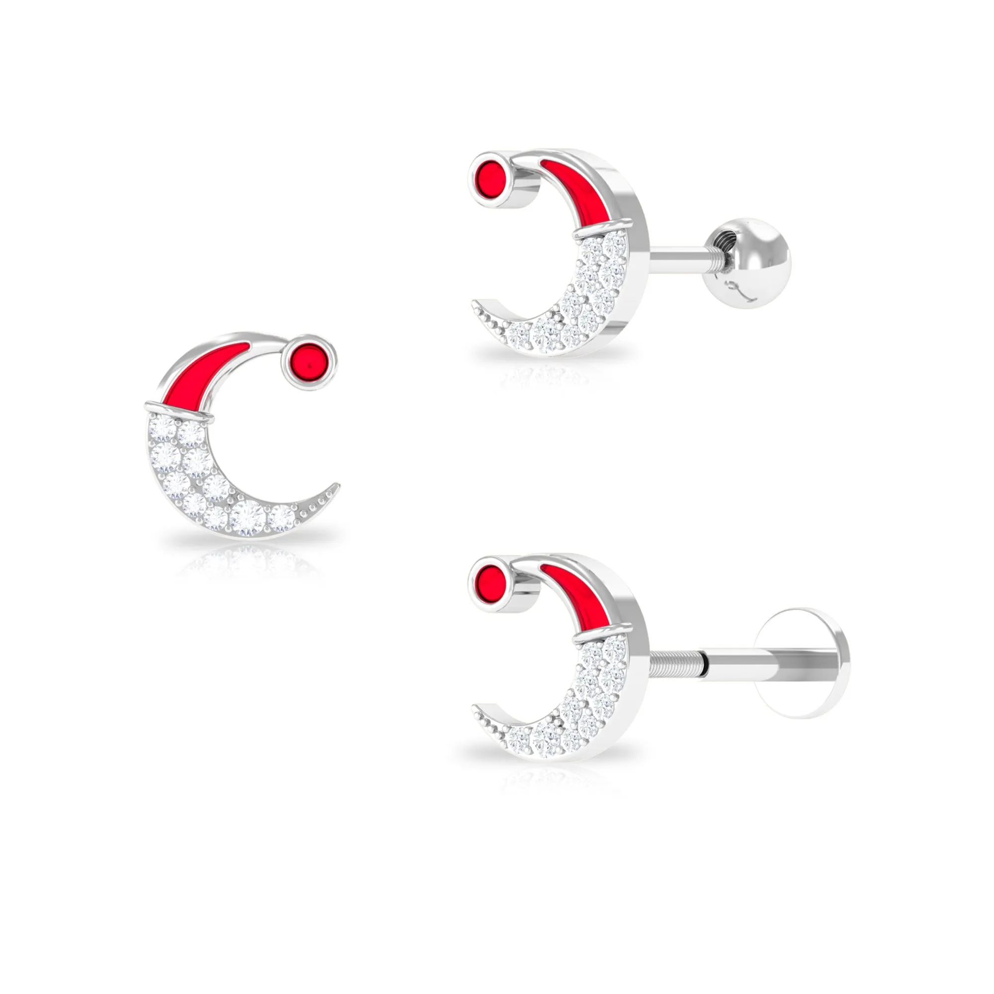 Real Diamond Red Enamel Xmas Crescent Moon Conch Earring