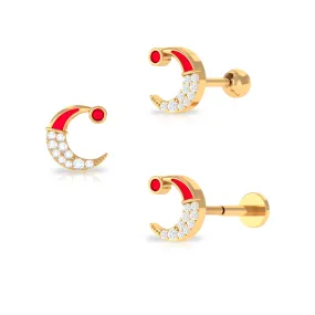 Real Diamond Red Enamel Xmas Crescent Moon Conch Earring