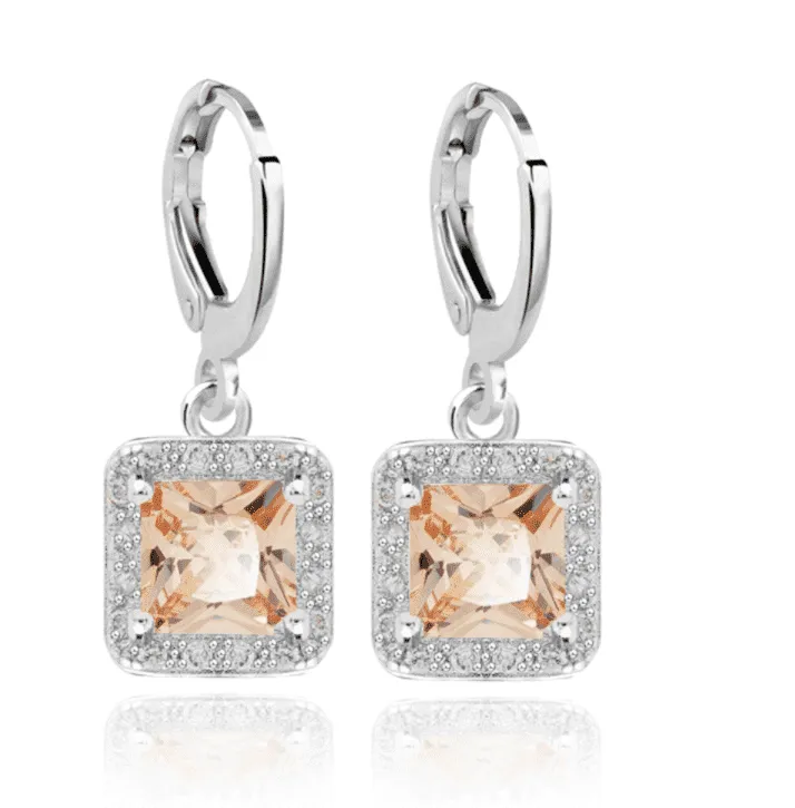 Regal Princess Cut Halo Swiss CZ Drop Hoop 18K Gold Plated Earrings for Woman