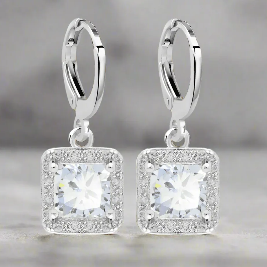 Regal Princess Cut Halo Swiss CZ Drop Hoop 18K Gold Plated Earrings for Woman
