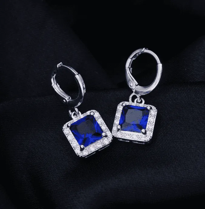 Regal Princess Cut Halo Swiss CZ Drop Hoop 18K Gold Plated Earrings for Woman