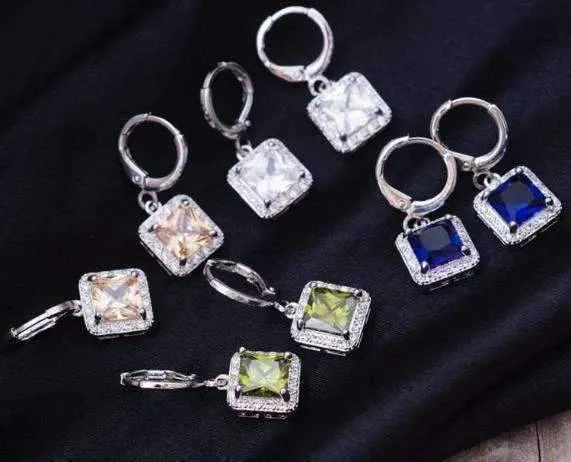 Regal Princess Cut Halo Swiss CZ Drop Hoop 18K Gold Plated Earrings for Woman