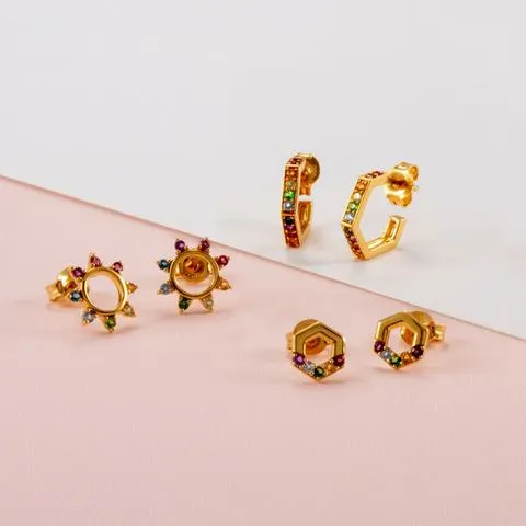 Regenbogen Hexagon Creolen in Vergoldetem Sterling Silber