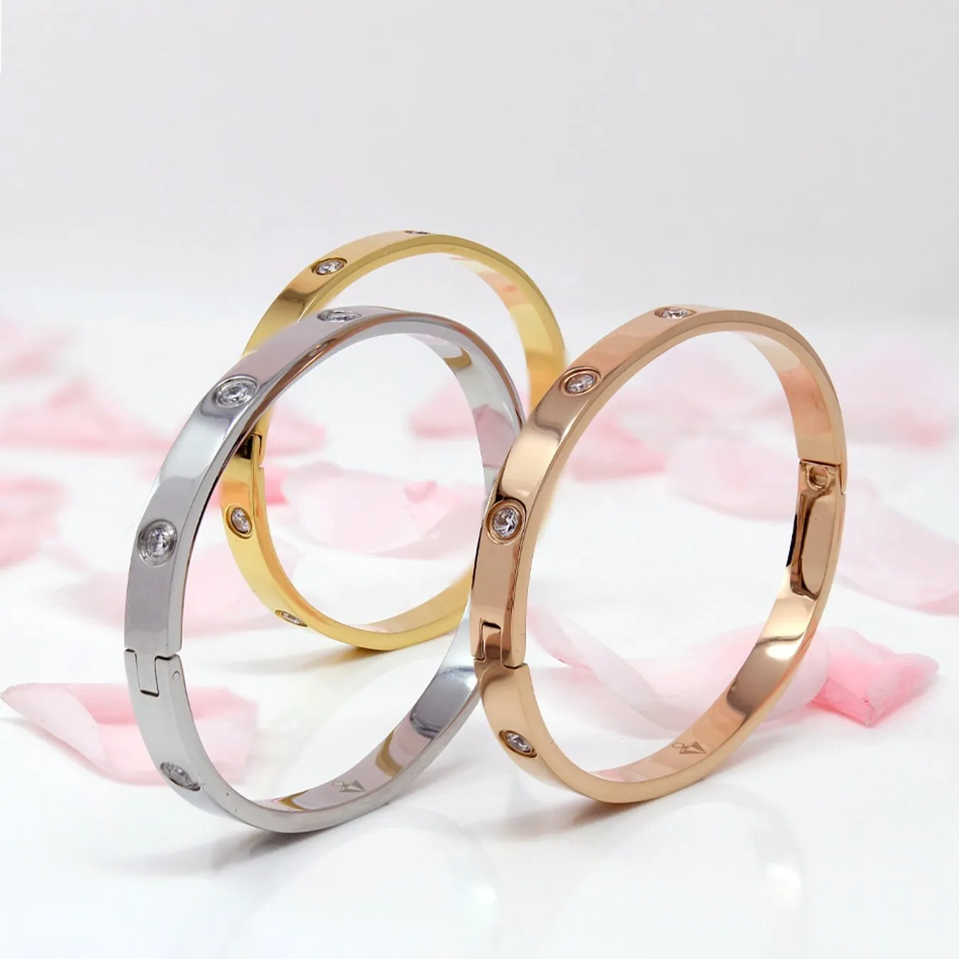 Rose Gold Hinged Stone Bangle - Stainless Steel