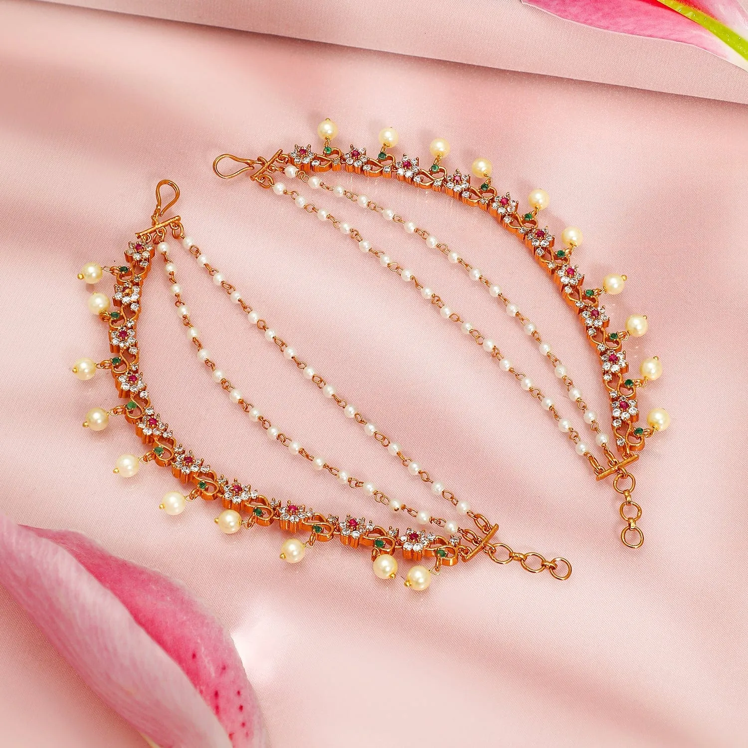 Rubans 22K Gold-Plated Ruby & Green Stone Studded Pearl Beaded Layered Ear Chain