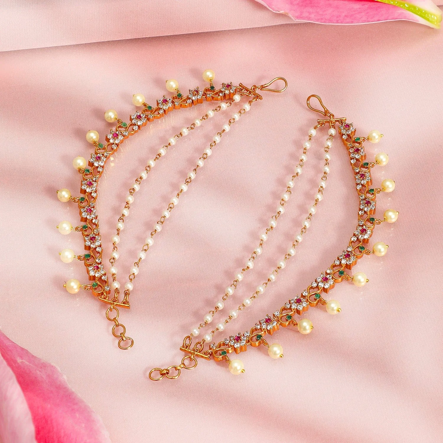 Rubans 22K Gold-Plated Ruby & Green Stone Studded Pearl Beaded Layered Ear Chain
