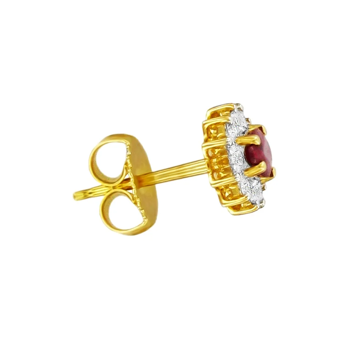 Ruby & Diamond Oval Cluster Stud Earrings | 18K Yellow Gold