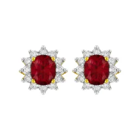 Ruby & Diamond Oval Cluster Stud Earrings | 18K Yellow Gold