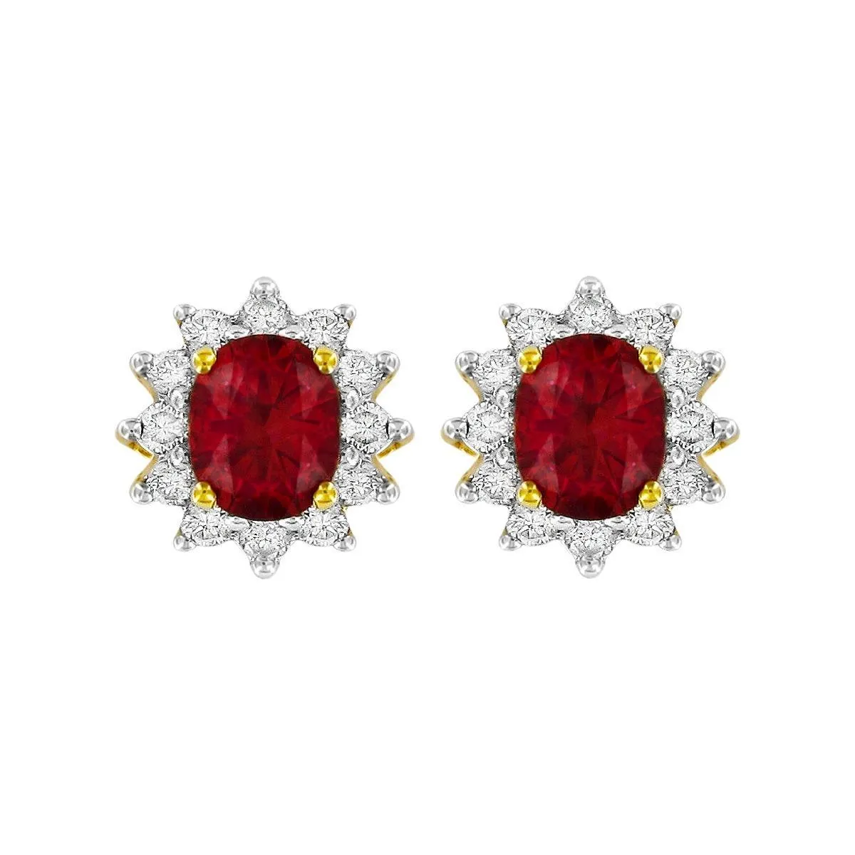Ruby & Diamond Oval Cluster Stud Earrings | 18K Yellow Gold