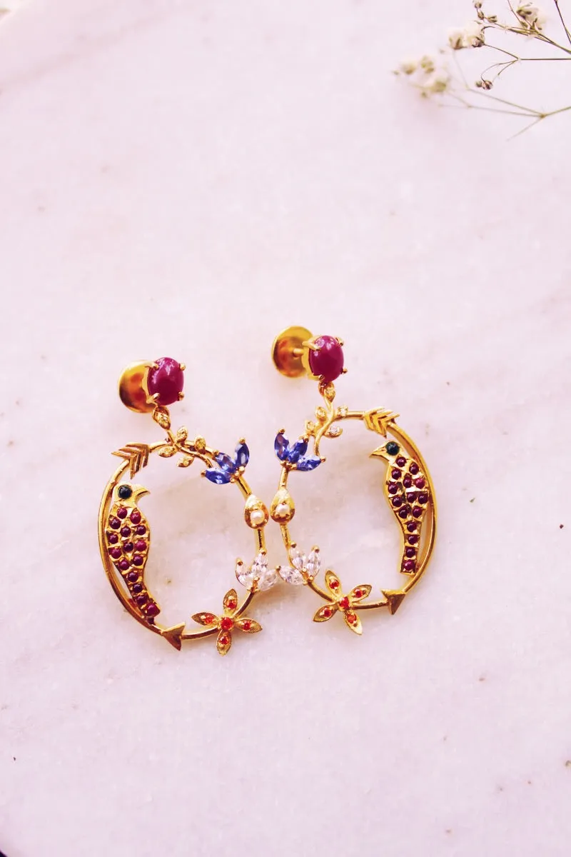 Ruby Goddess Parrot In Circular Arrow With Kamadeva’s 5 Flowers Earrings (Gold-plated)