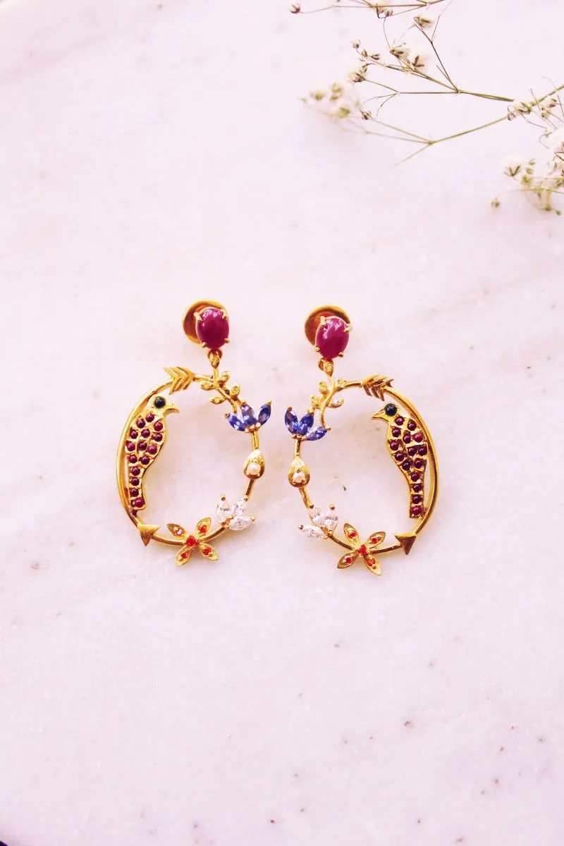 Ruby Goddess Parrot In Circular Arrow With Kamadeva’s 5 Flowers Earrings (Gold-plated)