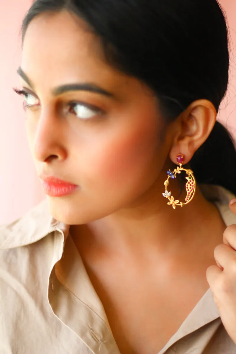 Ruby Goddess Parrot In Circular Arrow With Kamadeva’s 5 Flowers Earrings (Gold-plated)