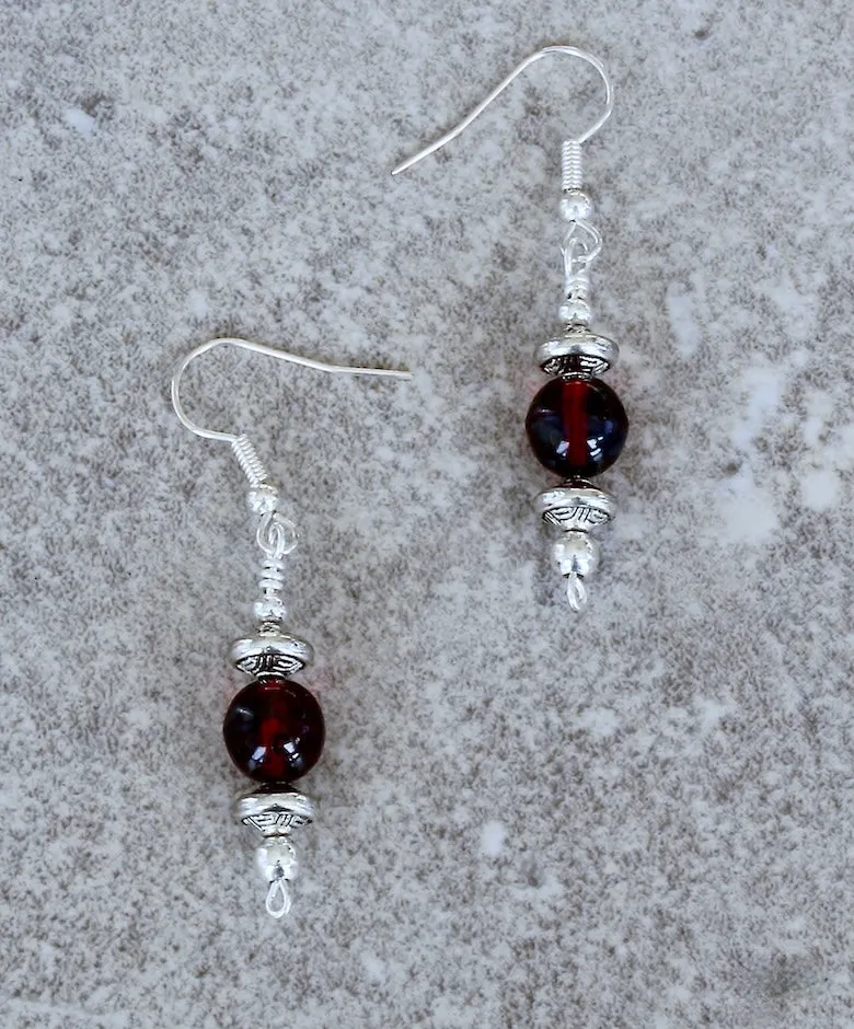 Ruby Picasso Czech Glass Rounds with Sterling Silver Beads and Earring Wires