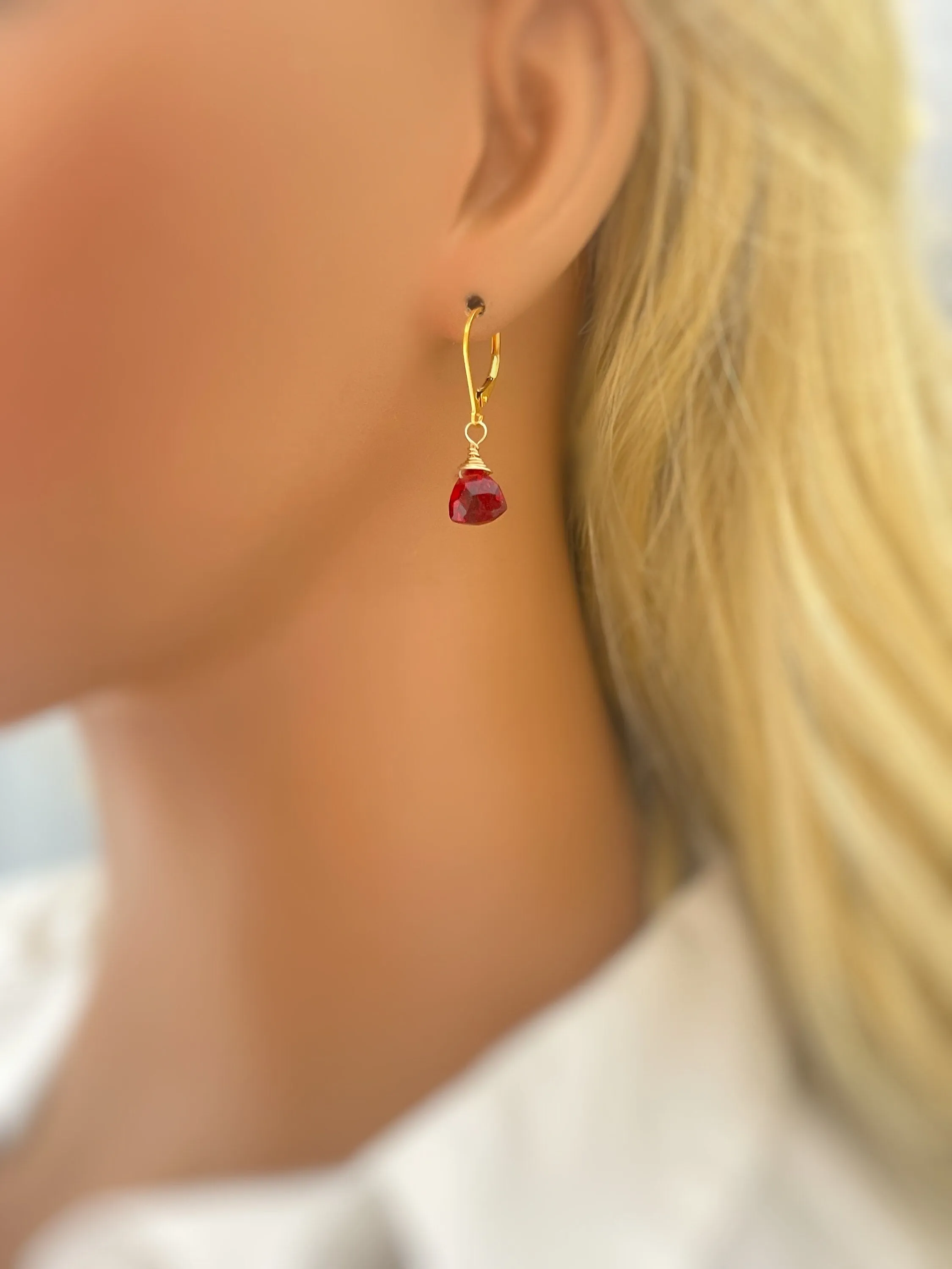 Ruby Red Gemstone Earrings dangle 14k gold, Sterling Silver, Rose Gold