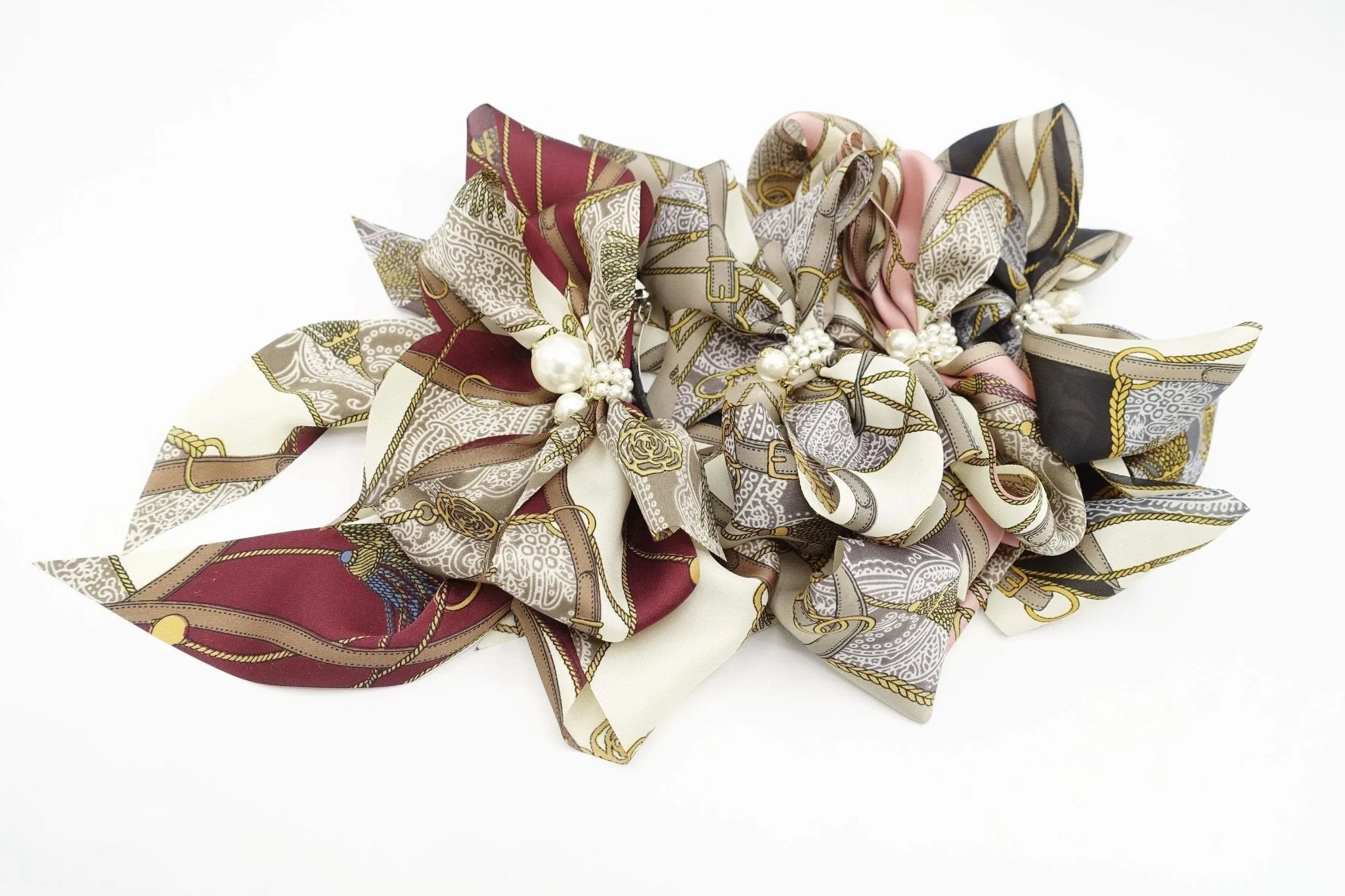 satin print hair bow tassel strap print scarf tail hair bow for women
