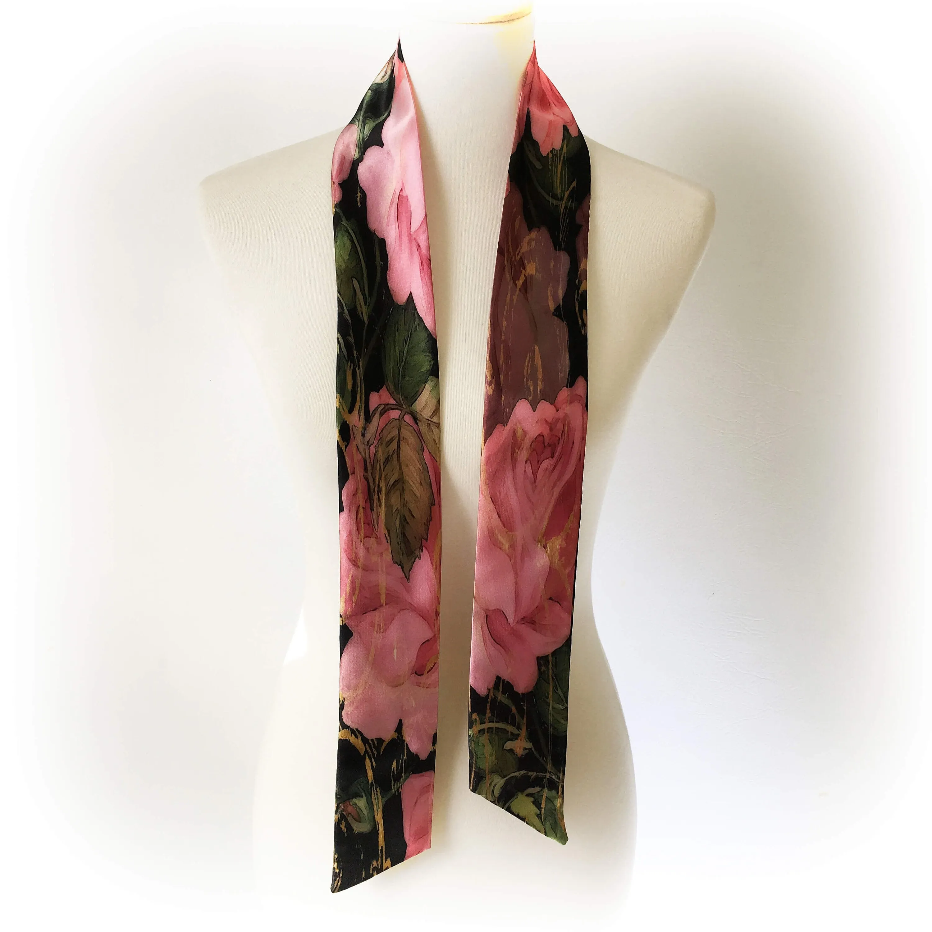 Scroll Rose Scarf,Skinny Scarf,Woman Scarf,All season scarf,Lightweight Scarf,ladies scarf,artist scarf,painted scarf,satin tie scarf