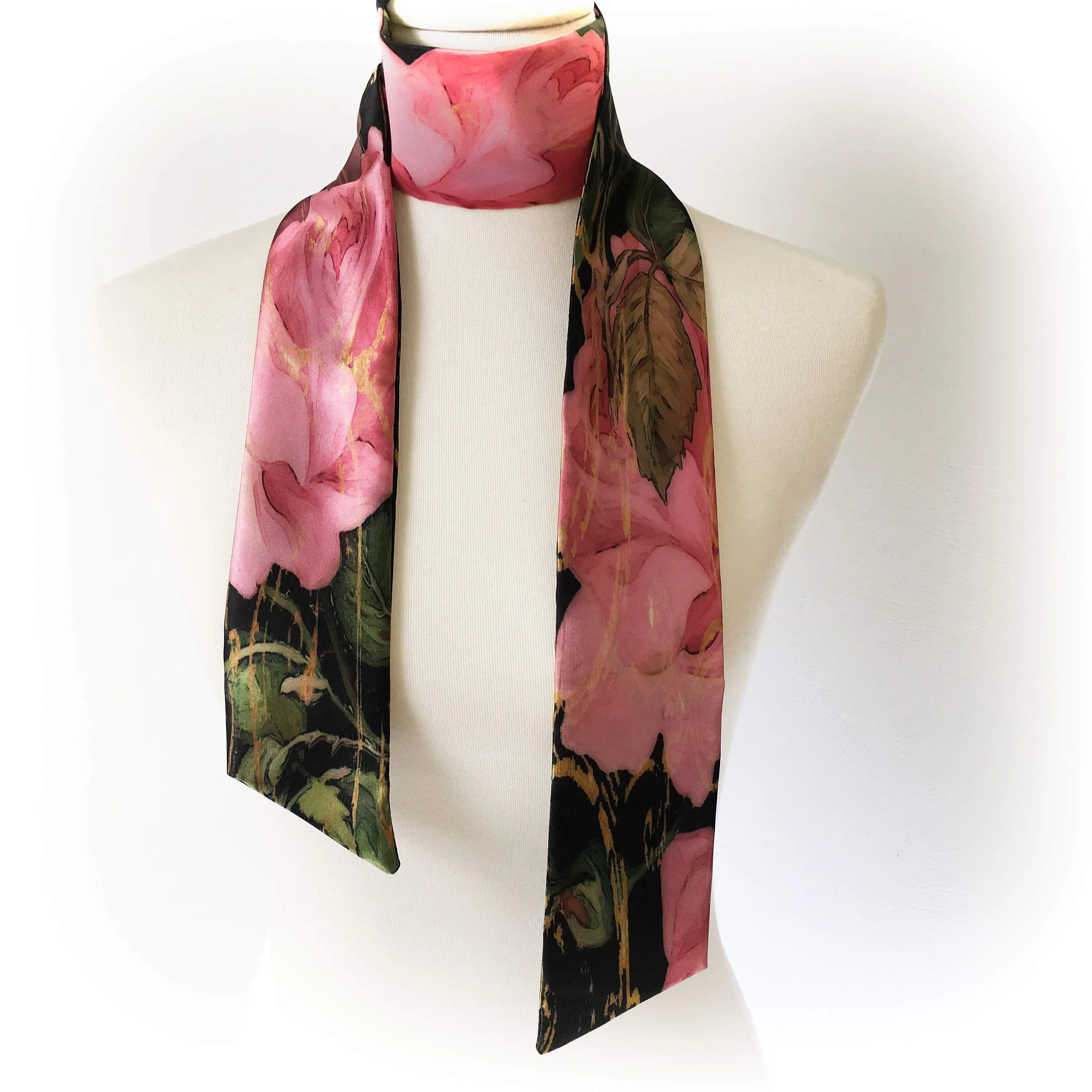 Scroll Rose Scarf,Skinny Scarf,Woman Scarf,All season scarf,Lightweight Scarf,ladies scarf,artist scarf,painted scarf,satin tie scarf