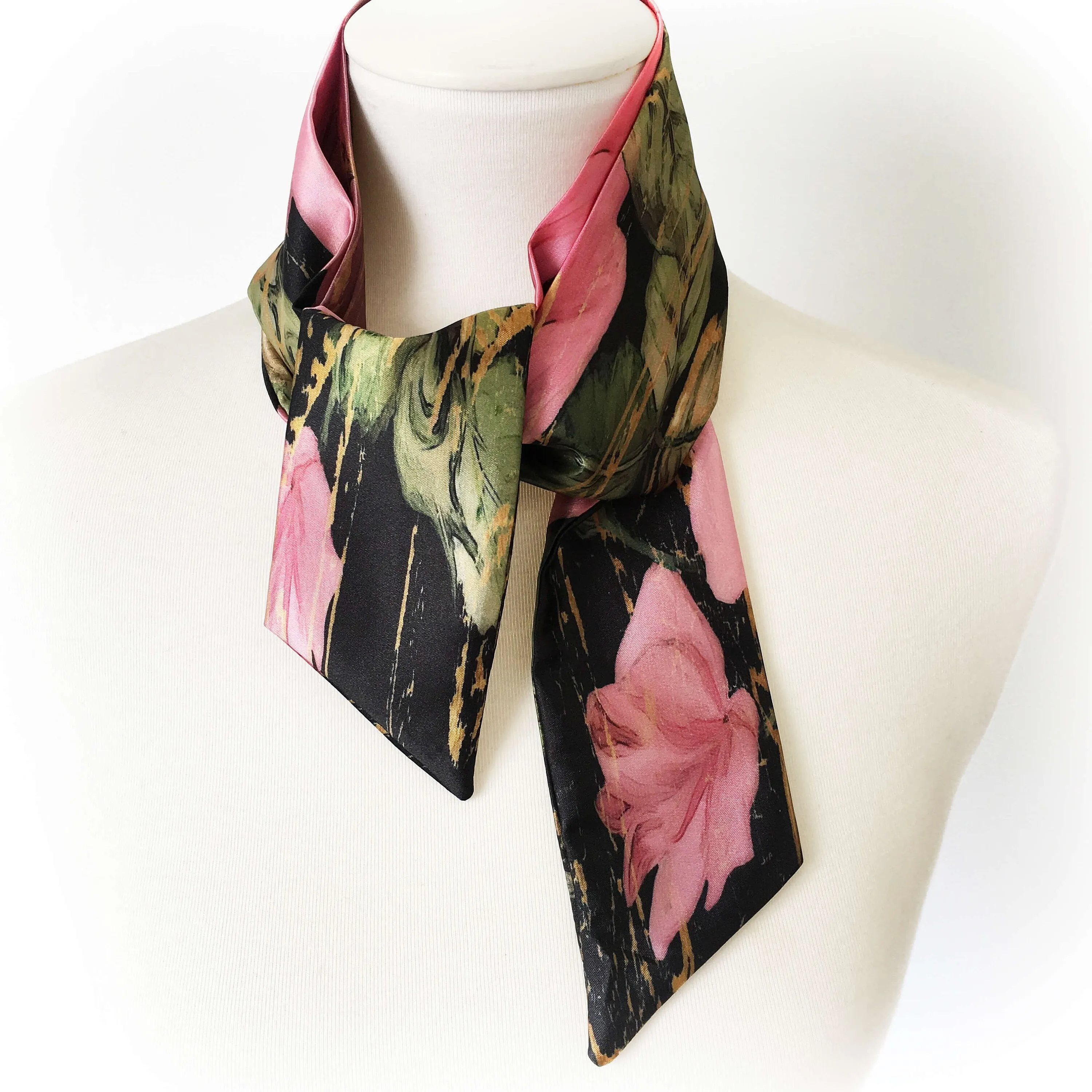 Scroll Rose Scarf,Skinny Scarf,Woman Scarf,All season scarf,Lightweight Scarf,ladies scarf,artist scarf,painted scarf,satin tie scarf