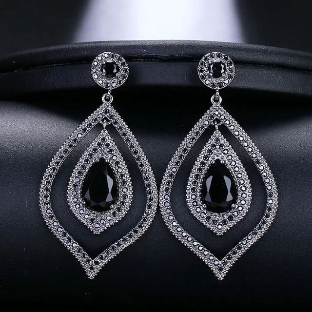 Shiny Leaf Shaped Cubic Zirconia Crystal Long Dangle Drop Pageant Earrings