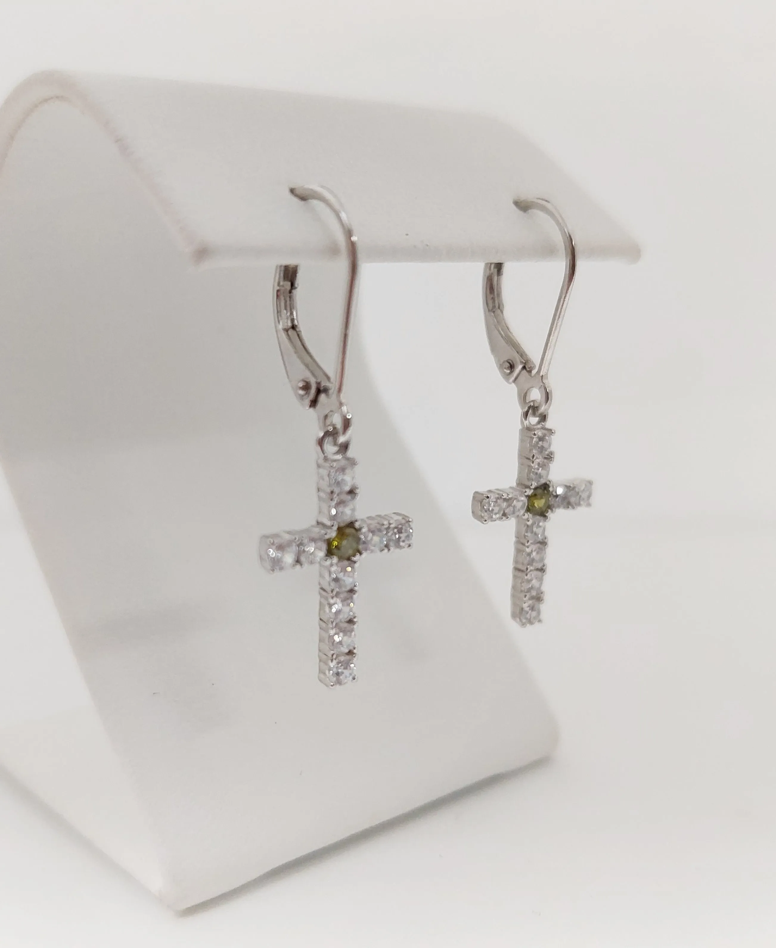 Silver Simulated Peridot/Diamond Cross Earrings