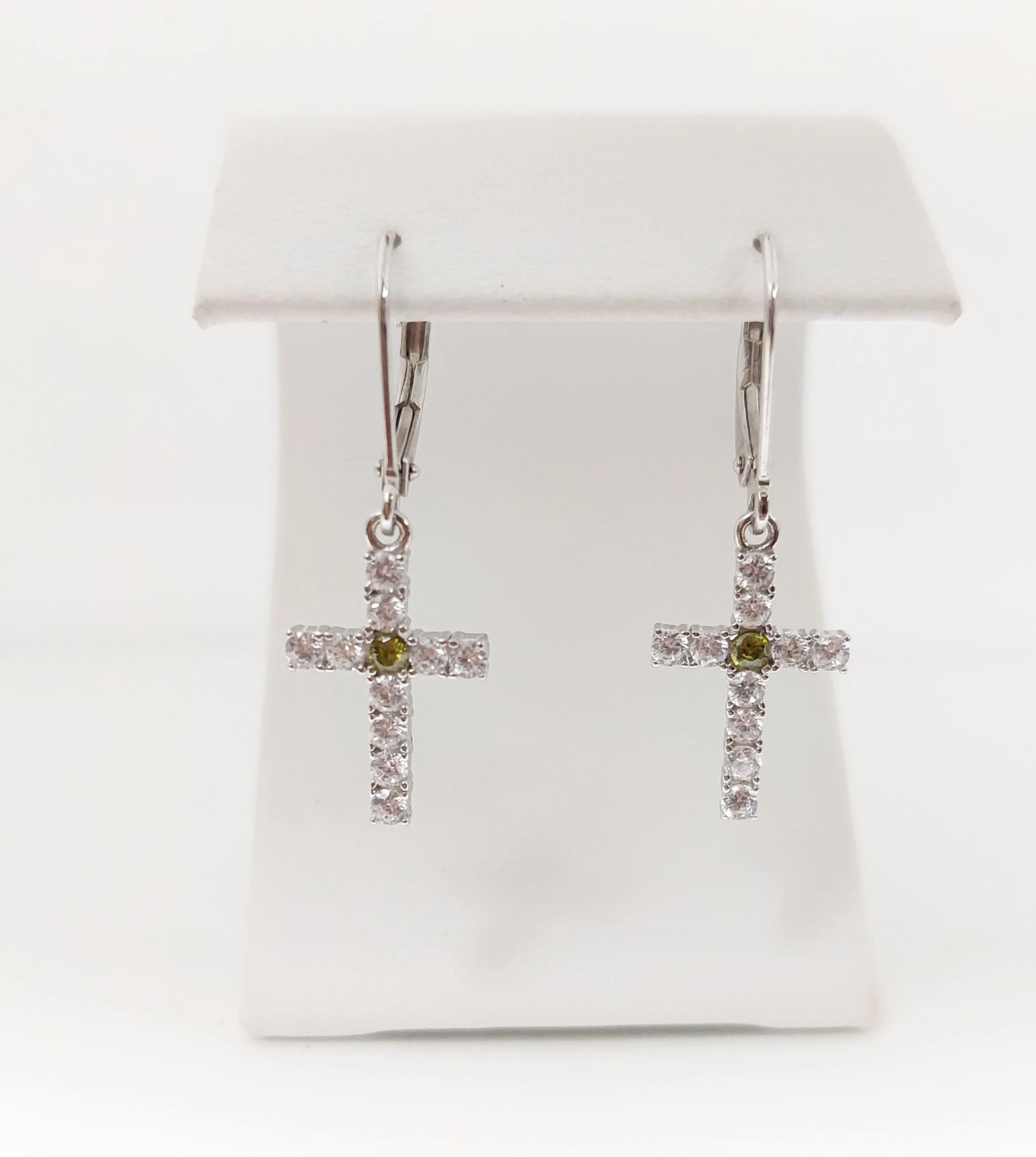 Silver Simulated Peridot/Diamond Cross Earrings