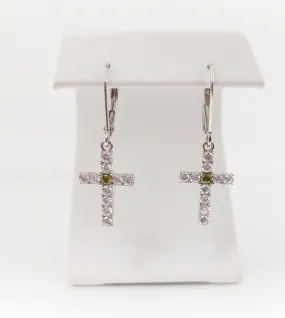 Silver Simulated Peridot/Diamond Cross Earrings