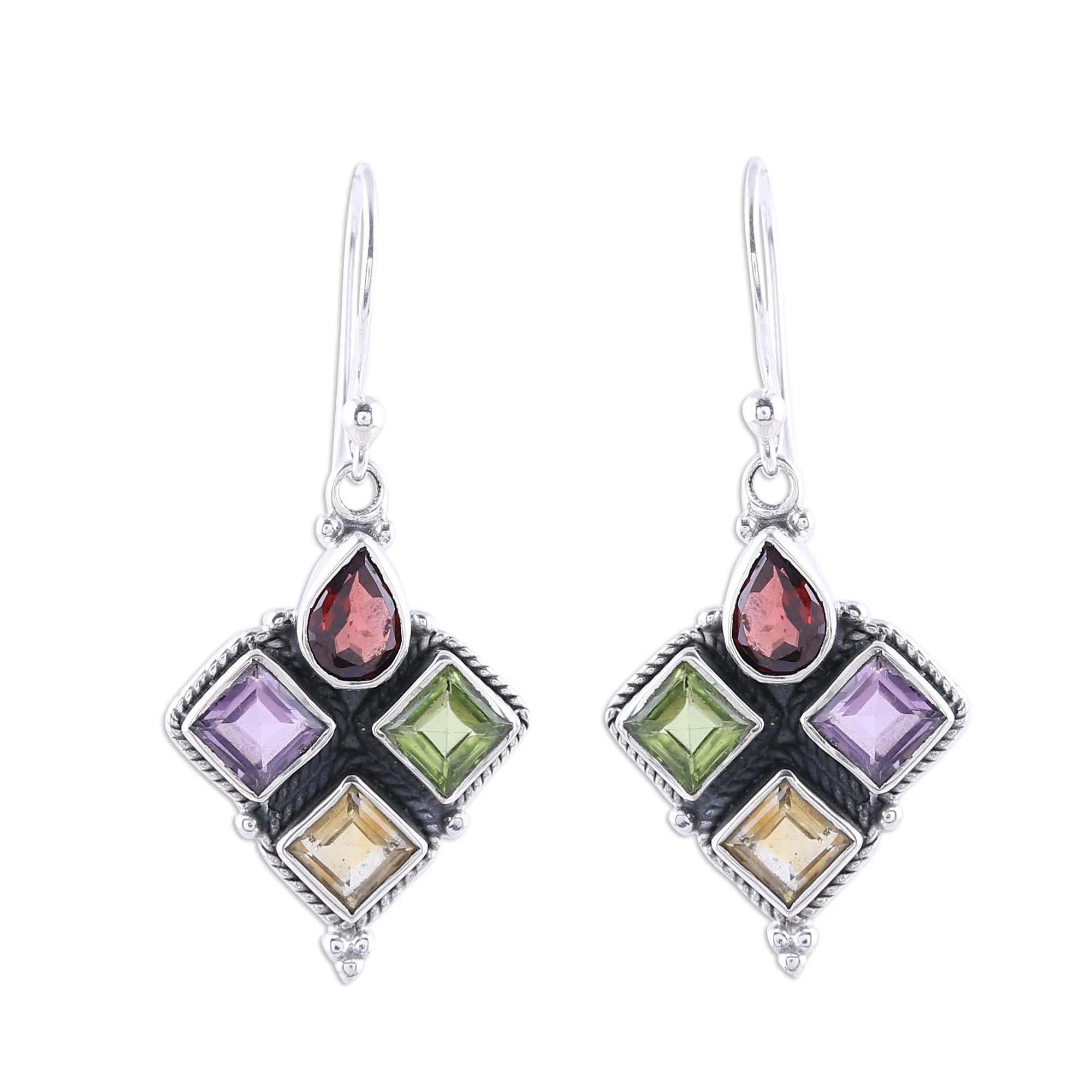 Sparkling Quartet Indian Garnet Citrine Peridot and Amethyst Dangle Earrings