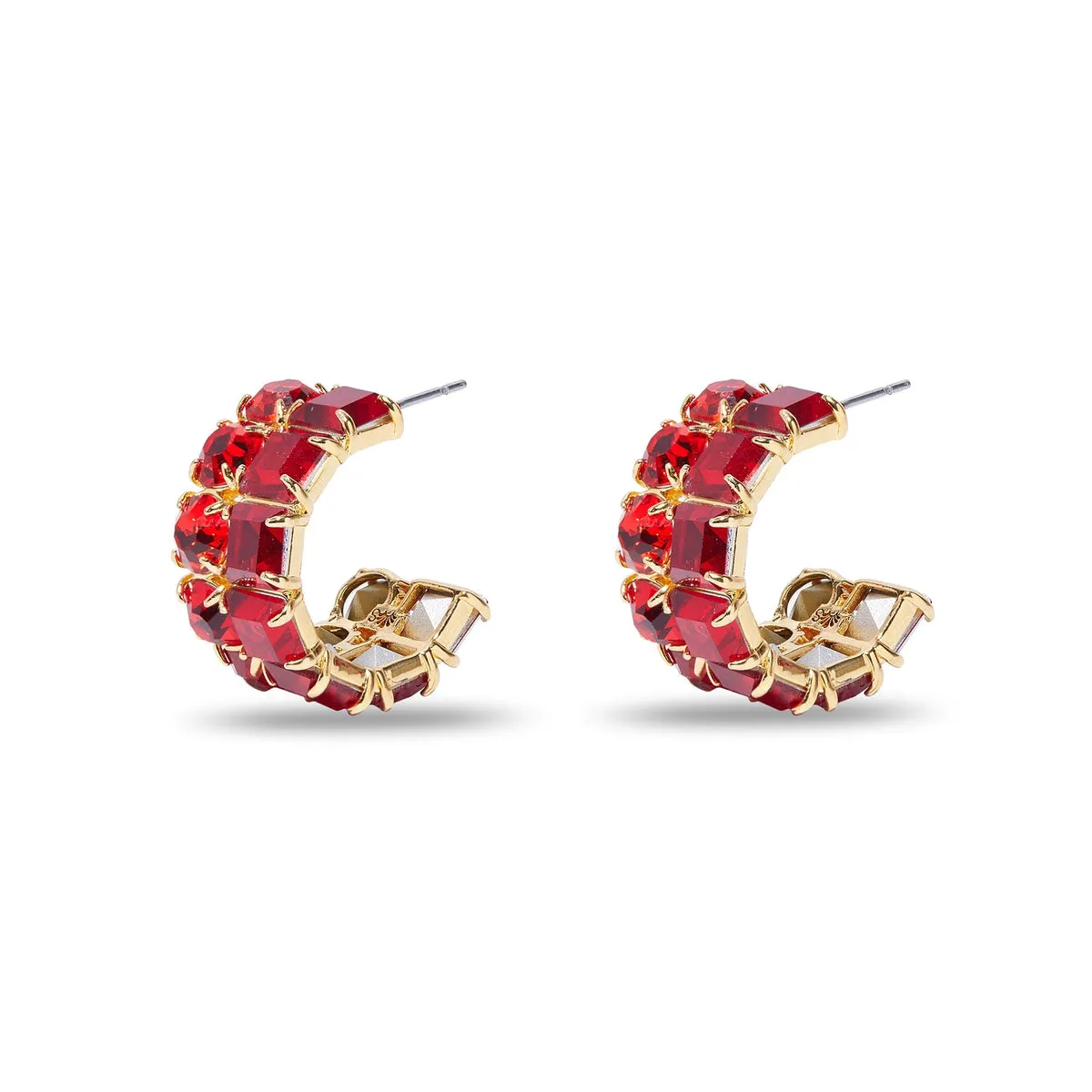 Square Crystal Double Row Hoop Earrings ~ Ruby