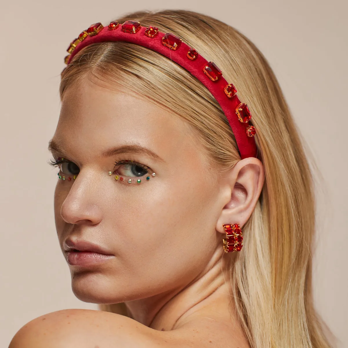 Square Crystal Double Row Hoop Earrings ~ Ruby