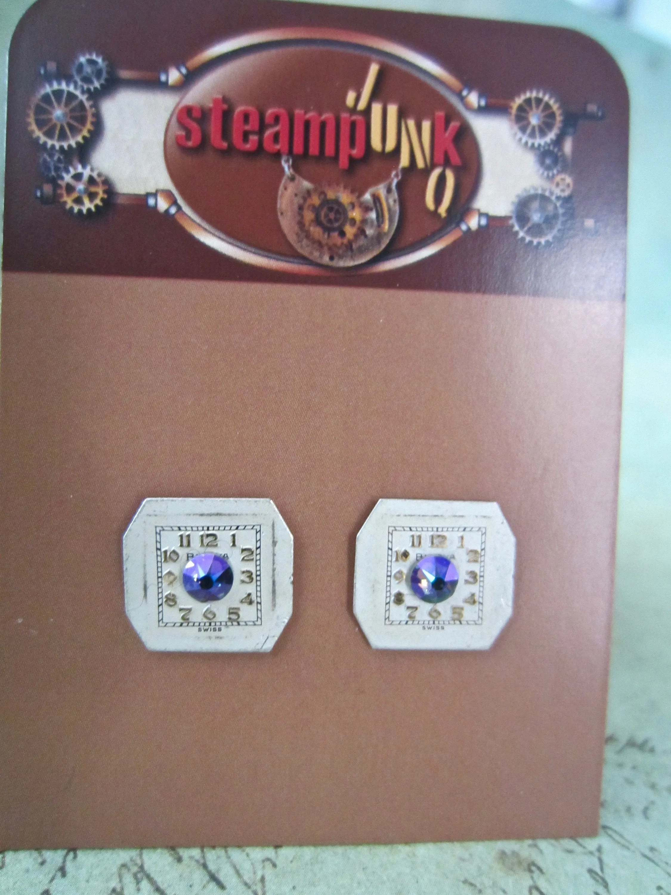 Steampunk Studd Earrings with vintage Watch Dials, Faces Steampunk Earrings , Steampunk jewelry Swarovski Crystal Borealis   Birthday gift