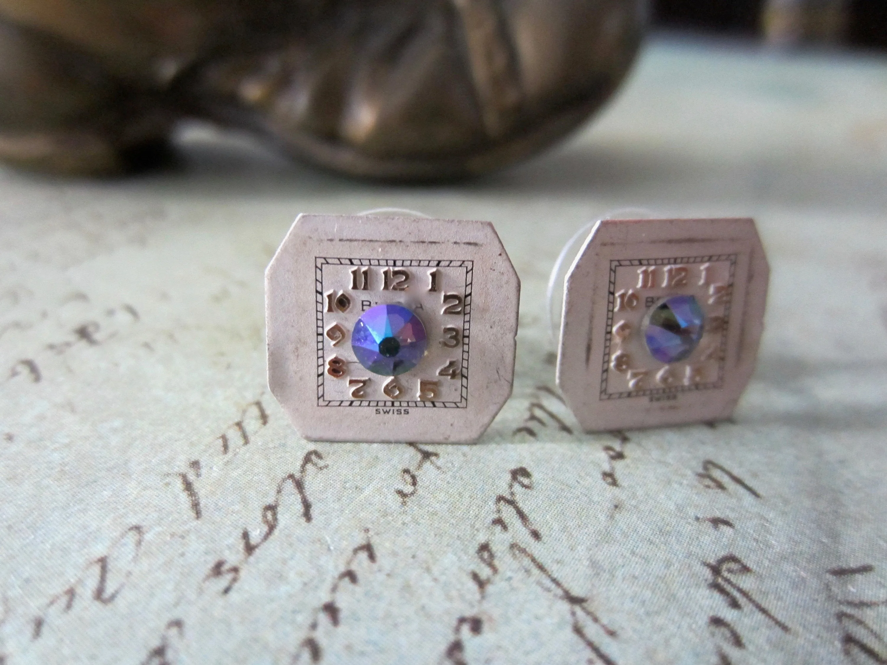 Steampunk Studd Earrings with vintage Watch Dials, Faces Steampunk Earrings , Steampunk jewelry Swarovski Crystal Borealis   Birthday gift