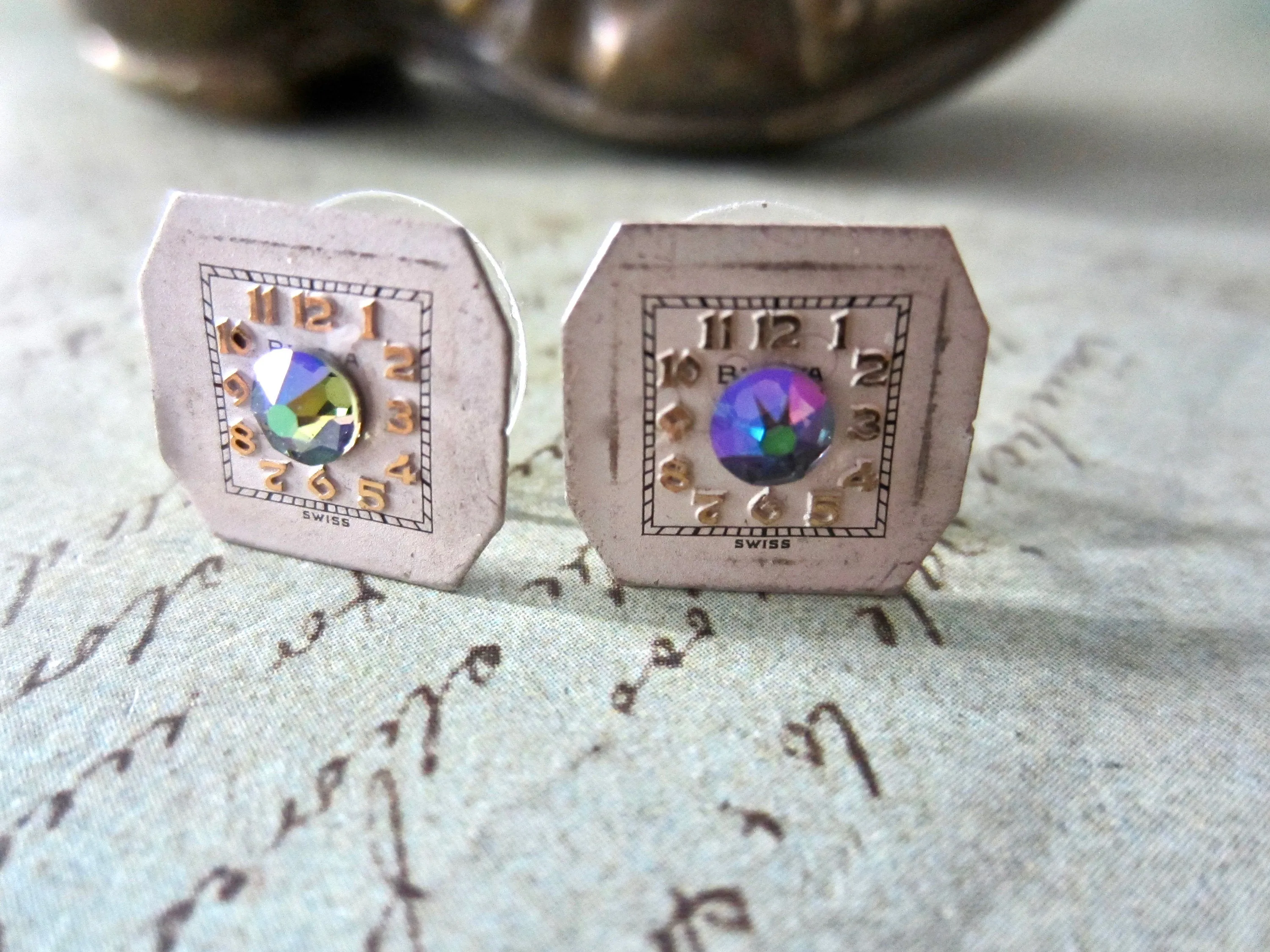 Steampunk Studd Earrings with vintage Watch Dials, Faces Steampunk Earrings , Steampunk jewelry Swarovski Crystal Borealis   Birthday gift
