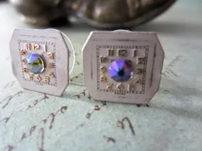 Steampunk Studd Earrings with vintage Watch Dials, Faces Steampunk Earrings , Steampunk jewelry Swarovski Crystal Borealis   Birthday gift