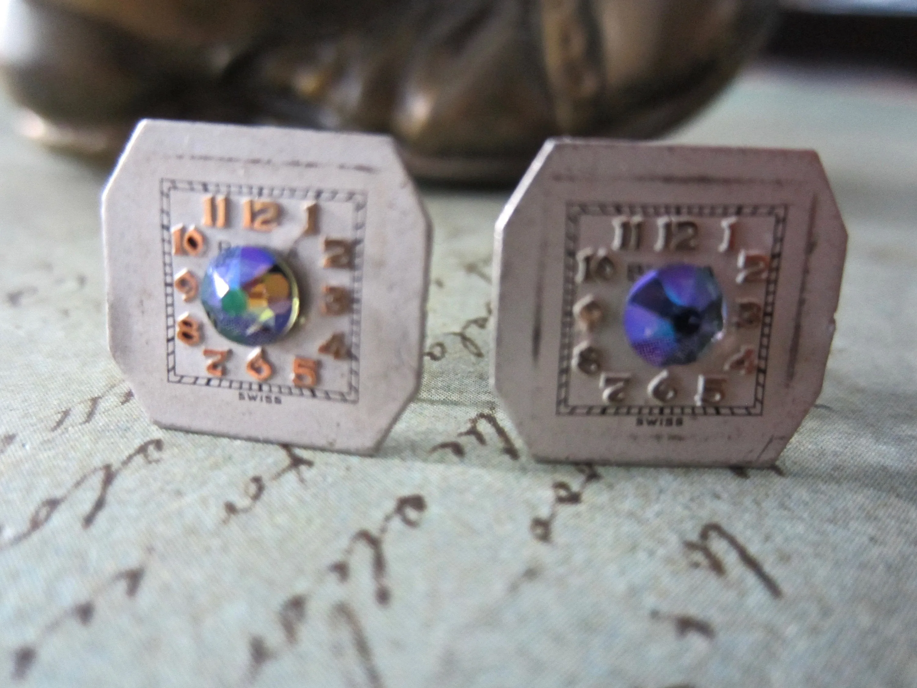 Steampunk Studd Earrings with vintage Watch Dials, Faces Steampunk Earrings , Steampunk jewelry Swarovski Crystal Borealis   Birthday gift