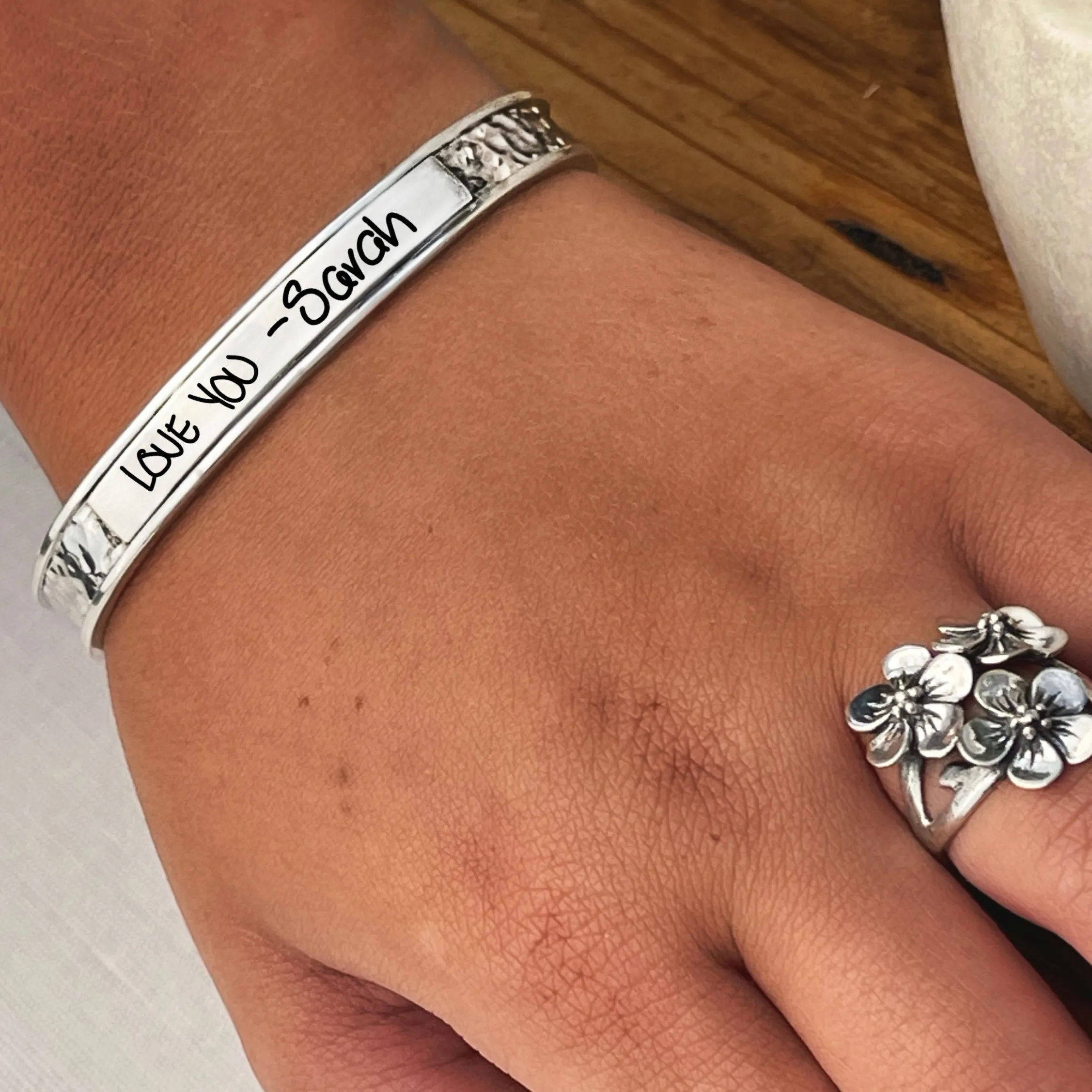 Sterling Silver Handwritten Hammered Cuff