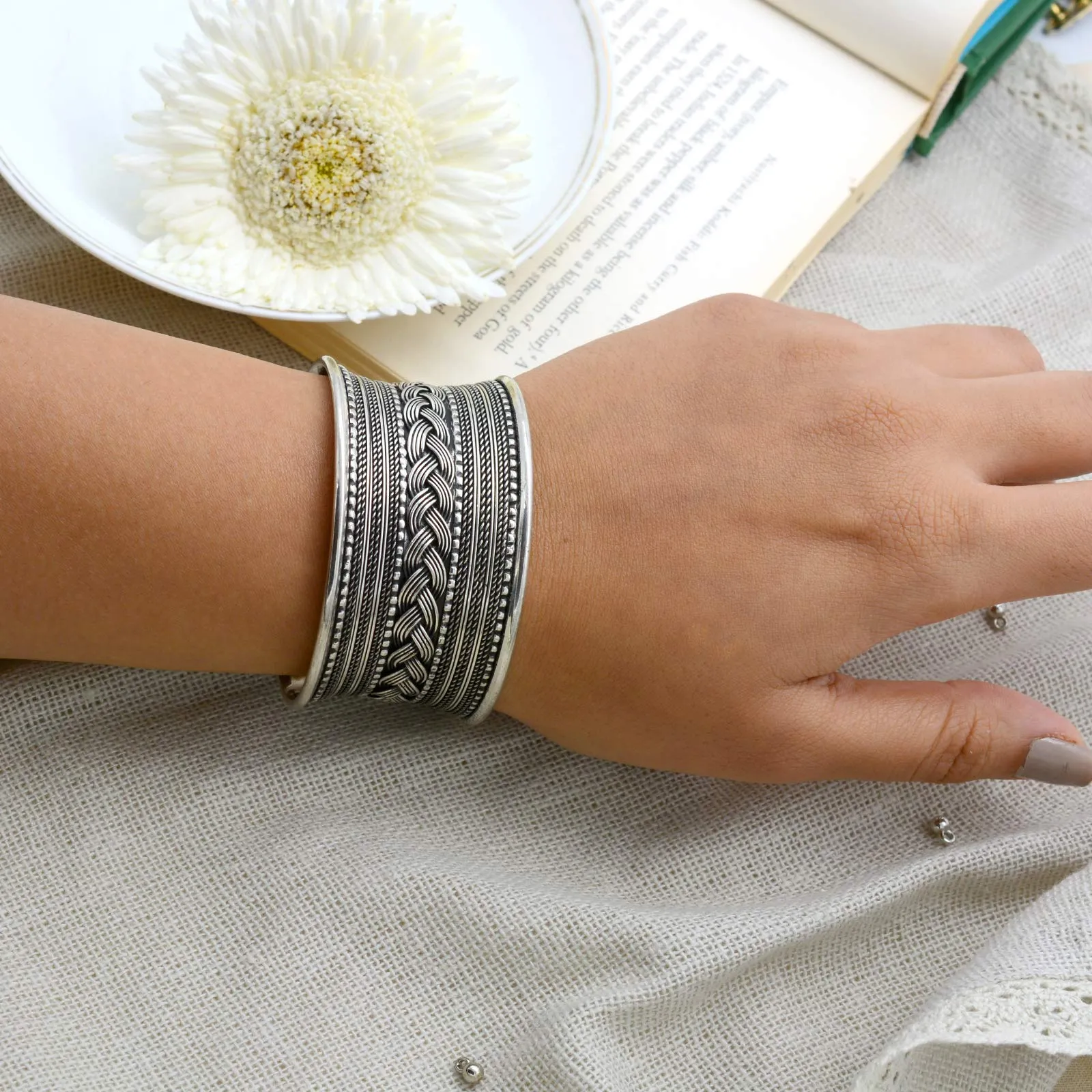 TEEJH Madhu Braided Embossed Silver Oxidized Bracelet Cuff for Women