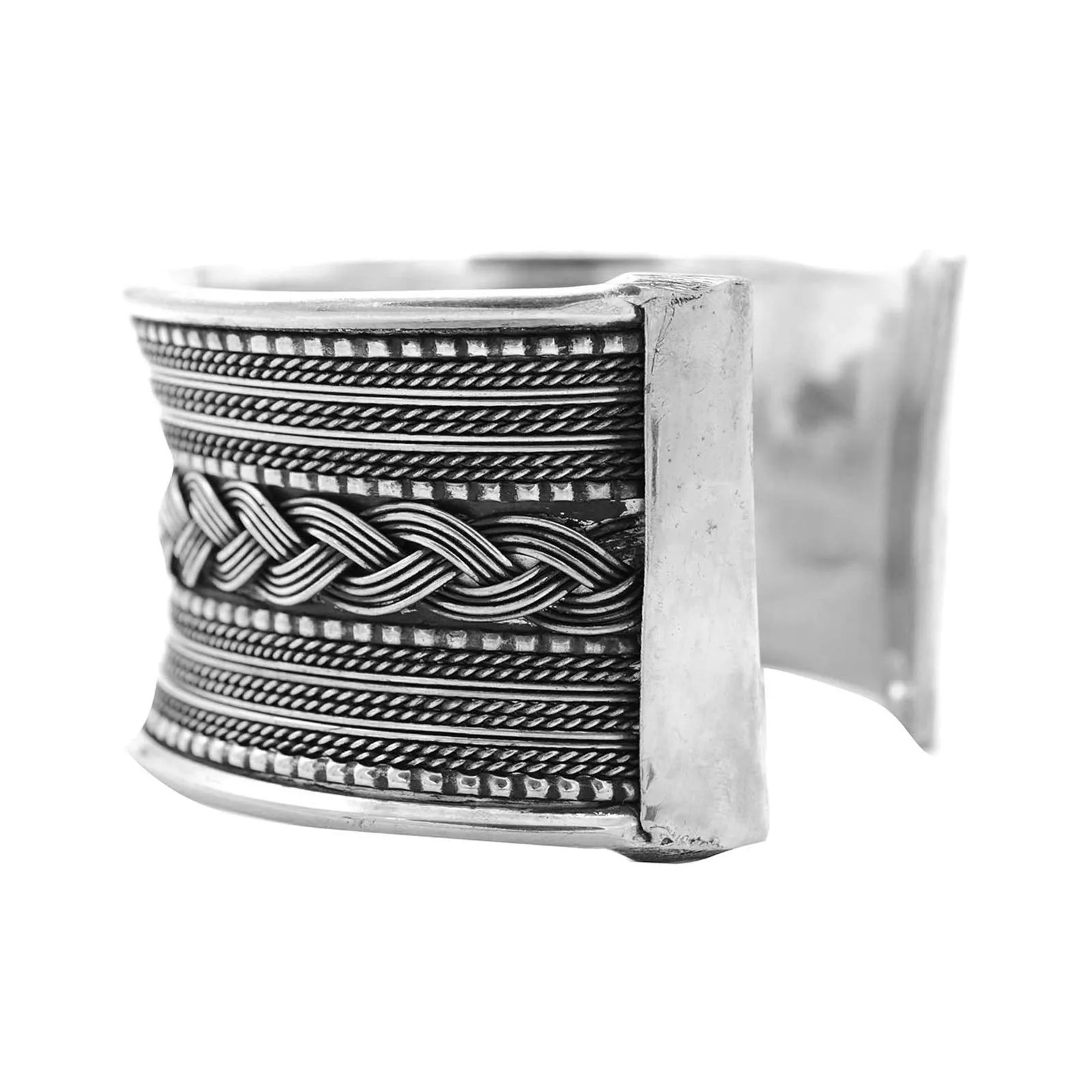 TEEJH Madhu Braided Embossed Silver Oxidized Bracelet Cuff for Women