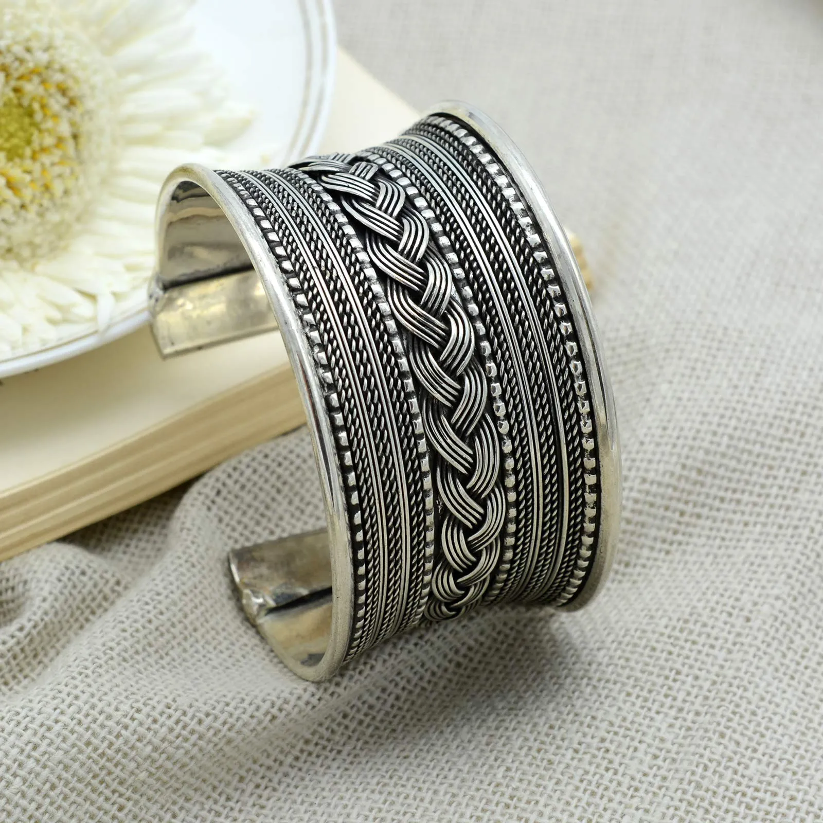 TEEJH Madhu Braided Embossed Silver Oxidized Bracelet Cuff for Women